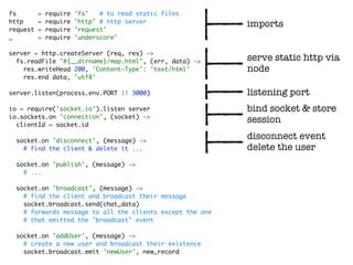 fs        =   require   'fs'   # to read static files
http      =   require   'http' # http server
                                                           imports
request   =   require   'request'
_         =   require   'underscore'

server = http.createServer (req, res) ->
  fs.readFile "#{__dirname}/map.html", (err, data) ->      serve static http via
    res.writeHead 200, 'Content-Type': 'text/html'         node
    res.end data, 'utf8'

server.listen(process.env.PORT || 3000)                    listening port
io = require('socket.io').listen server                    bind socket & store
io.sockets.on 'connection', (socket) ->
  clientId = socket.id
                                                           session

  socket.on 'disconnect', (message) ->
                                                           disconnect event
    # find the client & delete it ...                      delete the user
  socket.on 'publish', (message) ->
    # ...

  socket.on 'broadcast', (message) ->
    # find the client and broadcast their message
    socket.broadcast.send(chat_data)
    # forwards message to all the clients except the one
    # that emitted the "broadcast" event

  socket.on 'addUser', (message) ->
    # create a new user and broadcast their existence
    socket.broadcast.emit 'newUser', new_record
 