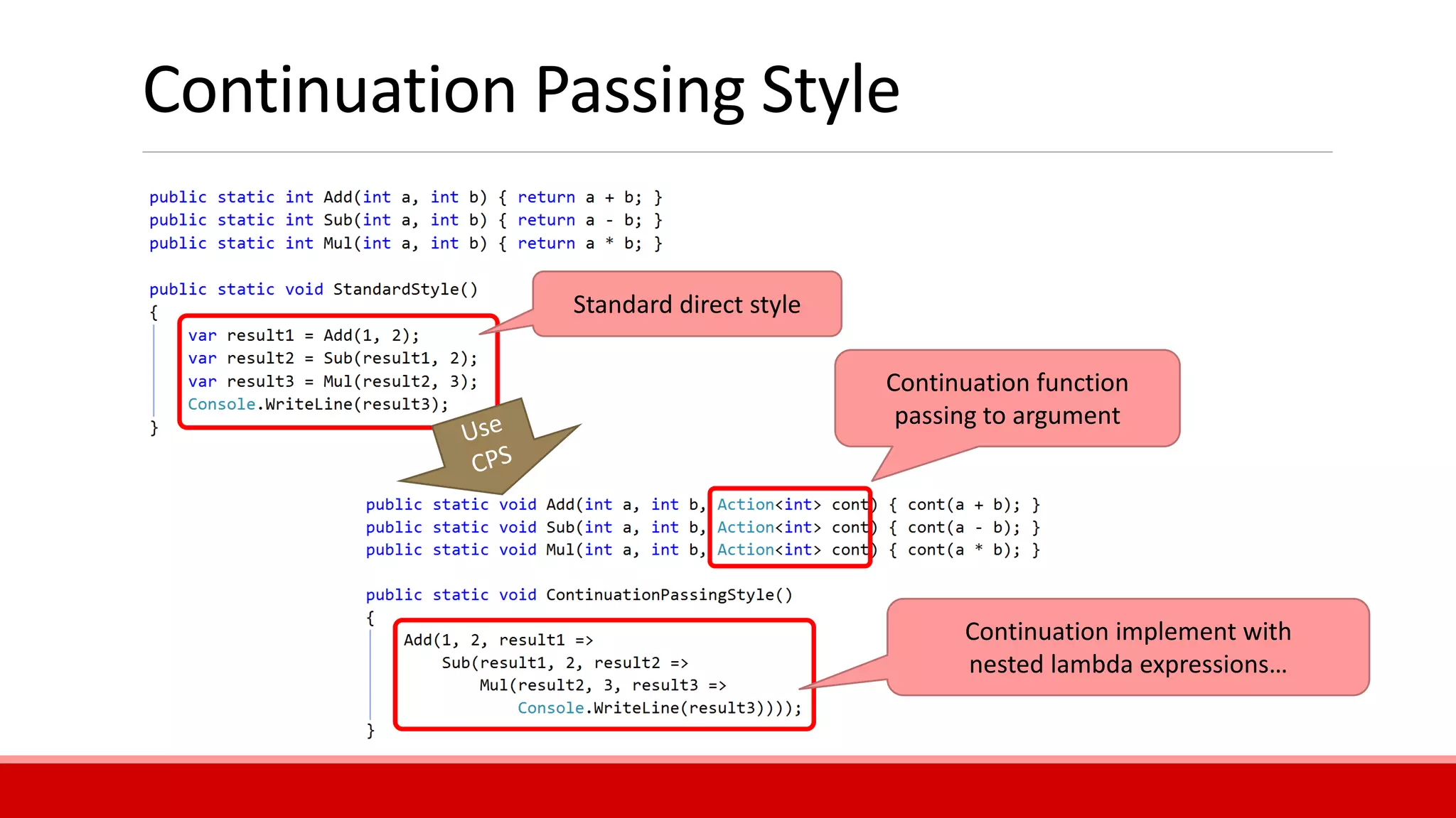 Continuation Passing Style
Continuation function
passing to argument
Continuation implement with
nested lambda expressions…
Standard direct style
 