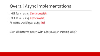 Overall Async implementations
.NET Task : using ContinueWith
.NET Task : using async-await
F# Async workflow : using let!
Both all patterns nearly with Continuation-Passing style?
 