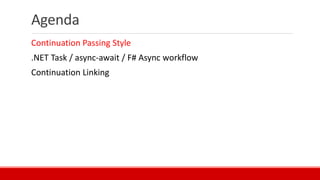 Agenda
Continuation Passing Style
.NET Task / async-await / F# Async workflow
Continuation Linking
 