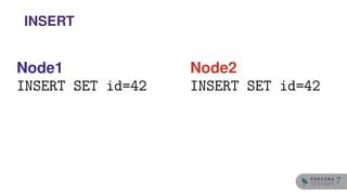 Node1
INSERT SET id=42
Node2
INSERT SET id=42
INSERT
7
 