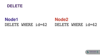Node1
DELETE WHERE id=42
Node2
DELETE WHERE id=42
DELETE
8
 
