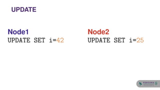 Node1
UPDATE SET i=42
Node2
UPDATE SET i=25
UPDATE
9
 