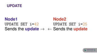 Node1
UPDATE SET i=42
Sends the update →
Node2
UPDATE SET i=25
← Sends the update
UPDATE
9
 