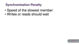 • Speed of the slowest member
• Writes or reads should wait
Synchronization Penalty
17
 