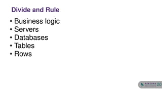 • Business logic
• Servers
• Databases
• Tables
• Rows
Divide and Rule
20
 