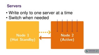 • Write only to one server at a time
• Switch when needed
Node 1
(Hot Standby)
Node 2
(Active)
Servers
21
 