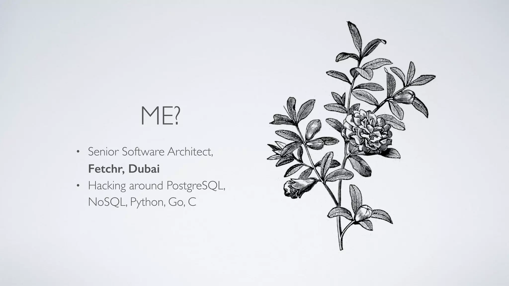 ME?
• Senior Software Architect,
Fetchr, Dubai
• Hacking around PostgreSQL,
NoSQL, Python, Go, C
 