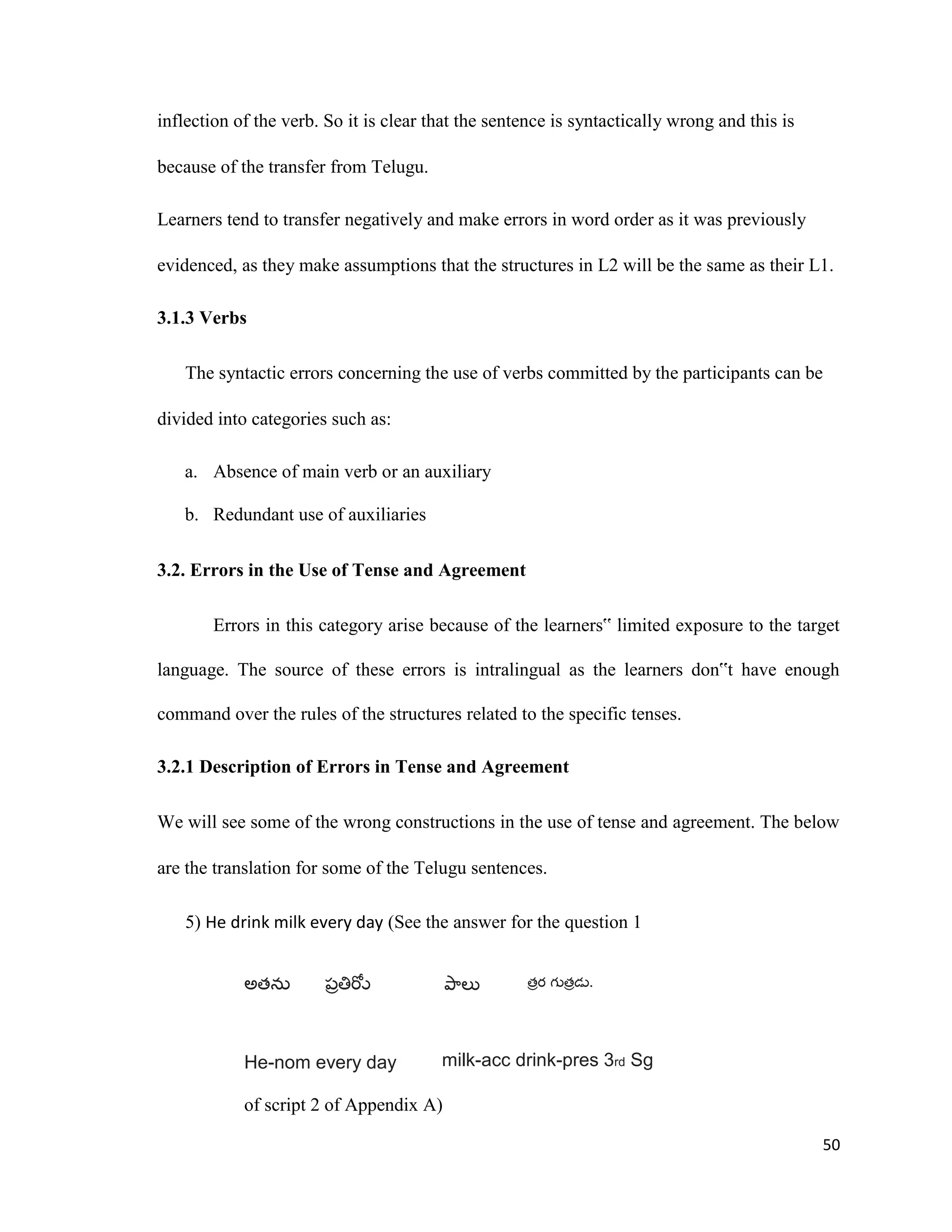 inflection of the verb. So it is clear that the sentence is syntactically wrong and this is
because of the transfer from Telugu.
Learners tend to transfer negatively and make errors in word order as it was previously
evidenced, as they make assumptions that the structures in L2 will be the same as their L1.
3.1.3 Verbs
The syntactic errors concerning the use of verbs committed by the participants can be
divided into categories such as:
a. Absence of main verb or an auxiliary
b. Redundant use of auxiliaries
3.2. Errors in the Use of Tense and Agreement
Errors in this category arise because of the learners‟ limited exposure to the target
language. The source of these errors is intralingual as the learners don‟t have enough
command over the rules of the structures related to the specific tenses.
3.2.1 Description of Errors in Tense and Agreement
We will see some of the wrong constructions in the use of tense and agreement. The below
are the translation for some of the Telugu sentences.
5) He drink milk every day (See the answer for the question 1
అత త త .
He-nom every day milk-acc drink-pres 3rd Sg
of script 2 of Appendix A)
50
 