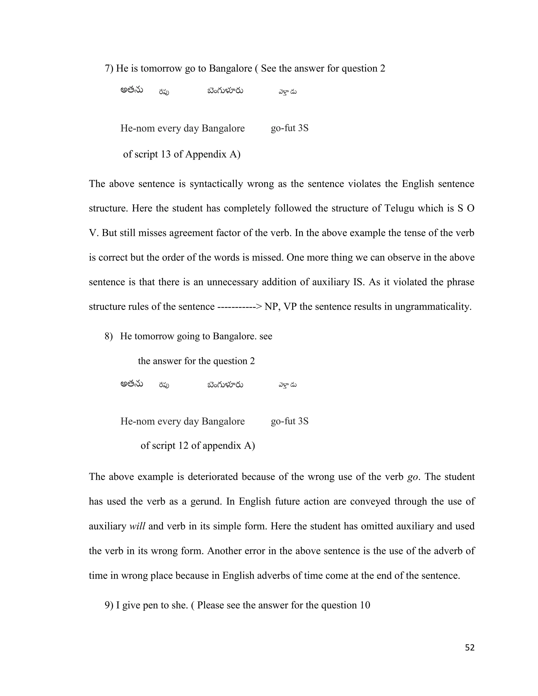 7) He is tomorrow go to Bangalore ( See the answer for question 2
He-nom every day Bangalore
of script 13 of Appendix A)
go-fut 3S
The above sentence is syntactically wrong as the sentence violates the English sentence
structure. Here the student has completely followed the structure of Telugu which is S O
V. But still misses agreement factor of the verb. In the above example the tense of the verb
is correct but the order of the words is missed. One more thing we can observe in the above
sentence is that there is an unnecessary addition of auxiliary IS. As it violated the phrase
structure rules of the sentence -----------> NP, VP the sentence results in ungrammaticality.
8) He tomorrow going to Bangalore. see
the answer for the question 2
He-nom every day Bangalore
of script 12 of appendix A)
go-fut 3S
The above example is deteriorated because of the wrong use of the verb go. The student
has used the verb as a gerund. In English future action are conveyed through the use of
auxiliary will and verb in its simple form. Here the student has omitted auxiliary and used
the verb in its wrong form. Another error in the above sentence is the use of the adverb of
time in wrong place because in English adverbs of time come at the end of the sentence.
9) I give pen to she. ( Please see the answer for the question 10
52
 
