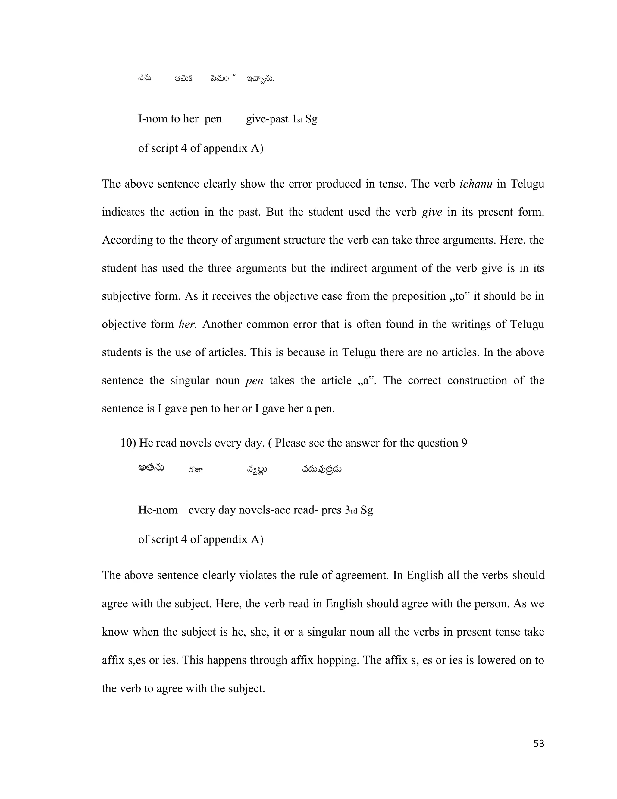 .
I-nom to her pen give-past 1st Sg
of script 4 of appendix A)
The above sentence clearly show the error produced in tense. The verb ichanu in Telugu
indicates the action in the past. But the student used the verb give in its present form.
According to the theory of argument structure the verb can take three arguments. Here, the
student has used the three arguments but the indirect argument of the verb give is in its
subjective form. As it receives the objective case from the preposition „to‟ it should be in
objective form her. Another common error that is often found in the writings of Telugu
students is the use of articles. This is because in Telugu there are no articles. In the above
sentence the singular noun pen takes the article „a‟. The correct construction of the
sentence is I gave pen to her or I gave her a pen.
10) He read novels every day. ( Please see the answer for the question 9
He-nom every day novels-acc read- pres 3rd Sg
of script 4 of appendix A)
The above sentence clearly violates the rule of agreement. In English all the verbs should
agree with the subject. Here, the verb read in English should agree with the person. As we
know when the subject is he, she, it or a singular noun all the verbs in present tense take
affix s,es or ies. This happens through affix hopping. The affix s, es or ies is lowered on to
the verb to agree with the subject.
53
 