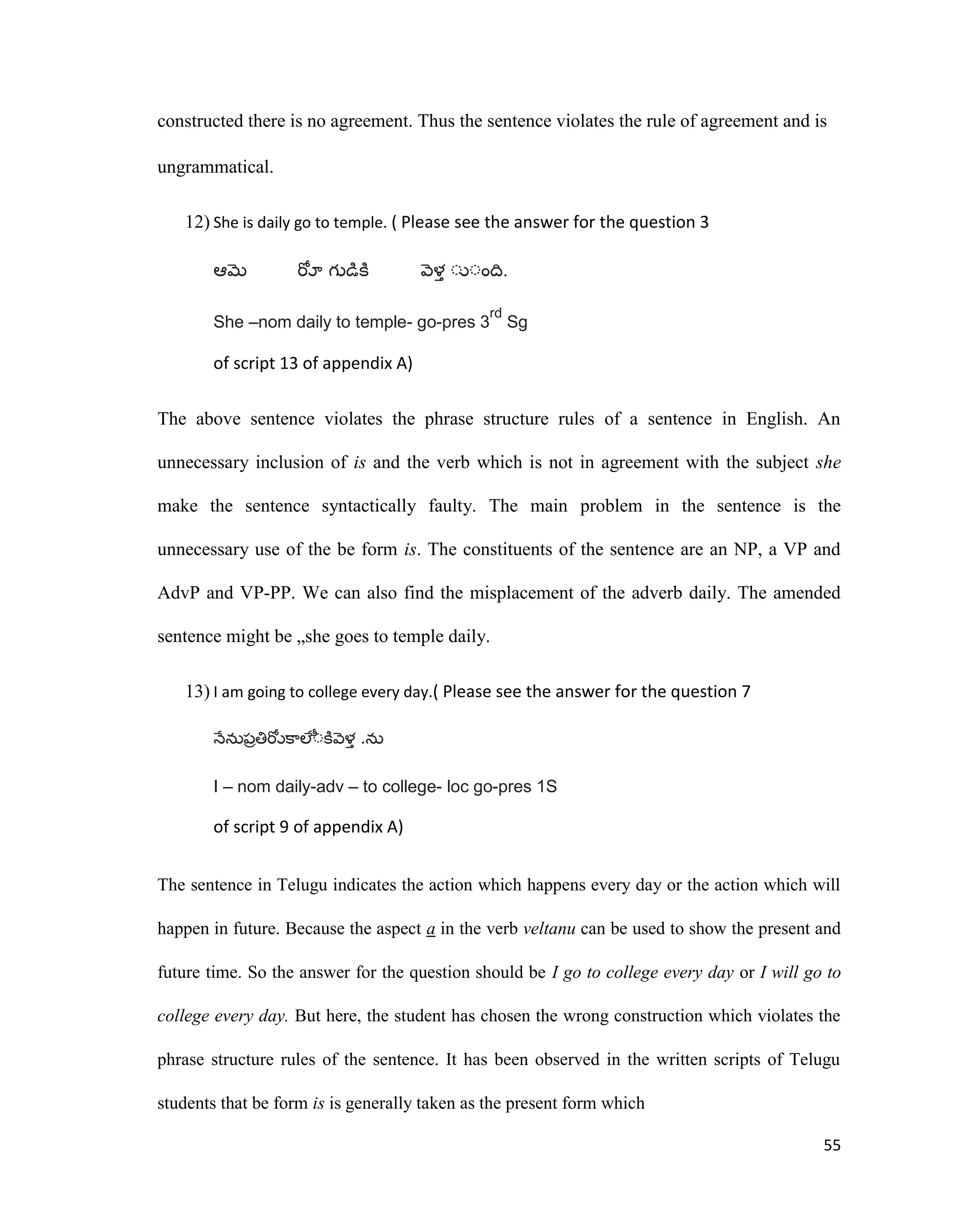 constructed there is no agreement. Thus the sentence violates the rule of agreement and is
ungrammatical.
12) She is daily go to temple. ( Please see the answer for the question 3
.
She –nom daily to temple- go-pres 3
rd
Sg
of script 13 of appendix A)
The above sentence violates the phrase structure rules of a sentence in English. An
unnecessary inclusion of is and the verb which is not in agreement with the subject she
make the sentence syntactically faulty. The main problem in the sentence is the
unnecessary use of the be form is. The constituents of the sentence are an NP, a VP and
AdvP and VP-PP. We can also find the misplacement of the adverb daily. The amended
sentence might be „she goes to temple daily.
13) I am going to college every day.( Please see the answer for the question 7
.
I – nom daily-adv – to college- loc go-pres 1S
of script 9 of appendix A)
The sentence in Telugu indicates the action which happens every day or the action which will
happen in future. Because the aspect a in the verb veltanu can be used to show the present and
future time. So the answer for the question should be I go to college every day or I will go to
college every day. But here, the student has chosen the wrong construction which violates the
phrase structure rules of the sentence. It has been observed in the written scripts of Telugu
students that be form is is generally taken as the present form which
55
 