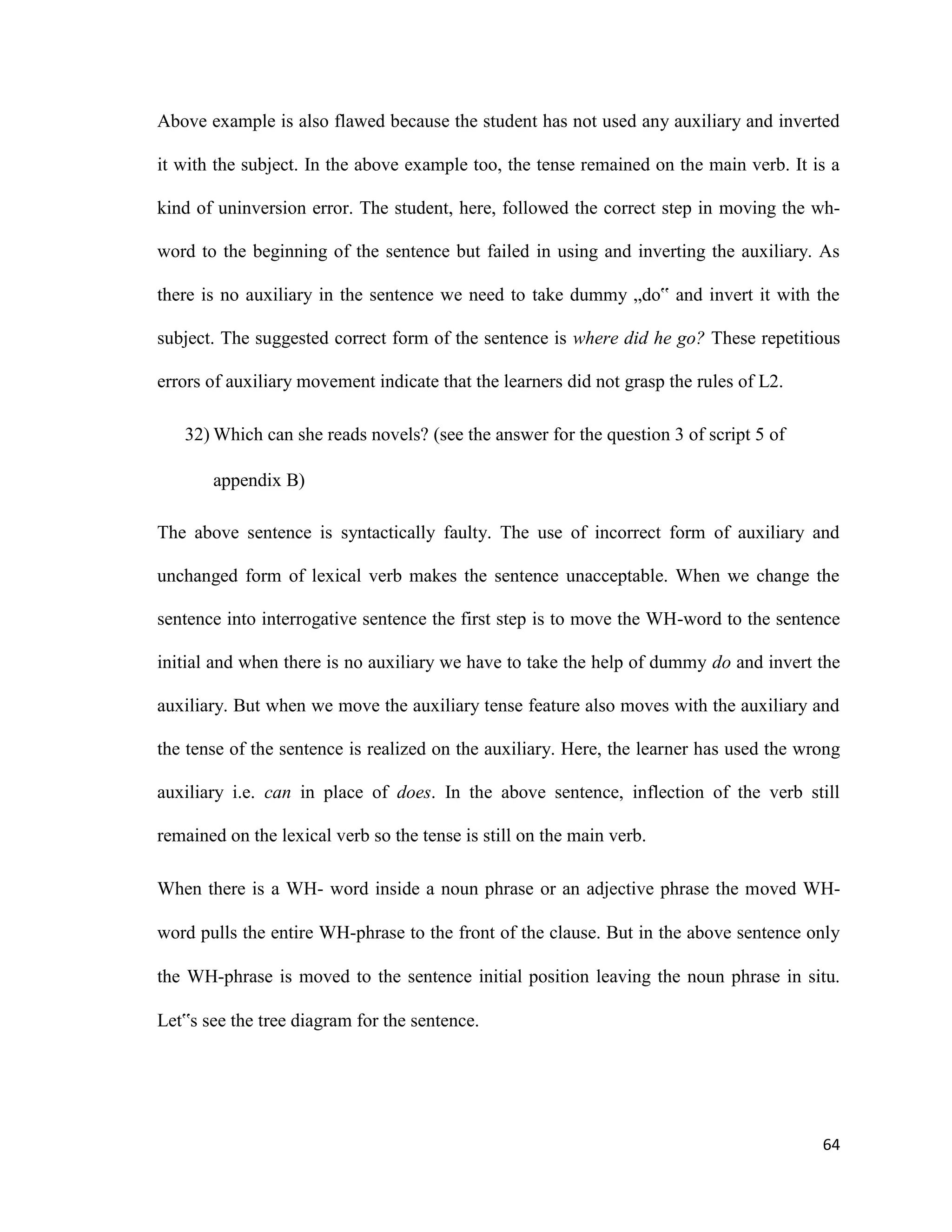 Above example is also flawed because the student has not used any auxiliary and inverted
it with the subject. In the above example too, the tense remained on the main verb. It is a
kind of uninversion error. The student, here, followed the correct step in moving the wh-
word to the beginning of the sentence but failed in using and inverting the auxiliary. As
there is no auxiliary in the sentence we need to take dummy „do‟ and invert it with the
subject. The suggested correct form of the sentence is where did he go? These repetitious
errors of auxiliary movement indicate that the learners did not grasp the rules of L2.
32) Which can she reads novels? (see the answer for the question 3 of script 5 of
appendix B)
The above sentence is syntactically faulty. The use of incorrect form of auxiliary and
unchanged form of lexical verb makes the sentence unacceptable. When we change the
sentence into interrogative sentence the first step is to move the WH-word to the sentence
initial and when there is no auxiliary we have to take the help of dummy do and invert the
auxiliary. But when we move the auxiliary tense feature also moves with the auxiliary and
the tense of the sentence is realized on the auxiliary. Here, the learner has used the wrong
auxiliary i.e. can in place of does. In the above sentence, inflection of the verb still
remained on the lexical verb so the tense is still on the main verb.
When there is a WH- word inside a noun phrase or an adjective phrase the moved WH-
word pulls the entire WH-phrase to the front of the clause. But in the above sentence only
the WH-phrase is moved to the sentence initial position leaving the noun phrase in situ.
Let‟s see the tree diagram for the sentence.
64
 