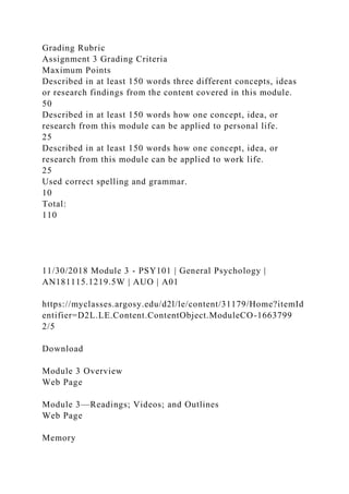 Grading Rubric
Assignment 3 Grading Criteria
Maximum Points
Described in at least 150 words three different concepts, ideas
or research findings from the content covered in this module.
50
Described in at least 150 words how one concept, idea, or
research from this module can be applied to personal life.
25
Described in at least 150 words how one concept, idea, or
research from this module can be applied to work life.
25
Used correct spelling and grammar.
10
Total:
110
11/30/2018 Module 3 - PSY101 | General Psychology |
AN181115.1219.5W | AUO | A01
https://myclasses.argosy.edu/d2l/le/content/31179/Home?itemId
entifier=D2L.LE.Content.ContentObject.ModuleCO-1663799
2/5
Download
Module 3 Overview
Web Page
Module 3—Readings; Videos; and Outlines
Web Page
Memory
 