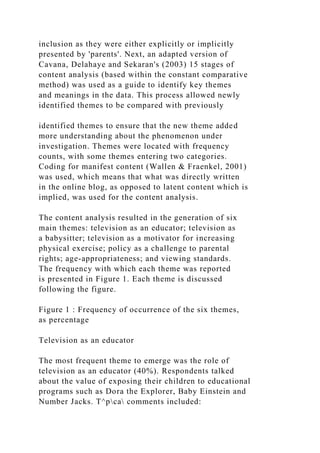 inclusion as they were either explicitly or implicitly
presented by 'parents'. Next, an adapted version of
Cavana, Delahaye and Sekaran's (2003) 15 stages of
content analysis (based within the constant comparative
method) was used as a guide to identify key themes
and meanings in the data. This process allowed newly
identified themes to be compared with previously
identified themes to ensure that the new theme added
more understanding about the phenomenon under
investigation. Themes were located with frequency
counts, with some themes entering two categories.
Coding for manifest content (Wallen & Fraenkel, 2001)
was used, which means that what was directly written
in the online blog, as opposed to latent content which is
implied, was used for the content analysis.
The content analysis resulted in the generation of six
main themes: television as an educator; television as
a babysitter; television as a motivator for increasing
physical exercise; policy as a challenge to parental
rights; age-appropriateness; and viewing standards.
The frequency with which each theme was reported
is presented in Figure 1. Each theme is discussed
following the figure.
Figure 1 : Frequency of occurrence of the six themes,
as percentage
Television as an educator
The most frequent theme to emerge was the role of
television as an educator (40%). Respondents talked
about the value of exposing their children to educational
programs such as Dora the Explorer, Baby Einstein and
Number Jacks. T^pca comments included:
 