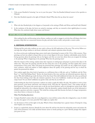 A Teacher’s Guide to the Signet Classic Edition of William Shakespeare’s As You Like It                                               16


ACT IV
     1.   Celia accuses Rosalind of misusing "our sex in your love-prate." How has Rosalind defamed women in her speeches to
          Orlando?
     2.   How does Rosalind respond to the sight of Orlando's blood? What does this say about her nature?


ACT V
     1.   What role does Rosalind play in her disguise as Ganymede in the uniting of Phebe and Silvius and herself with Orlando?
     2.   In the resolution of the play, the lovers are united in marriage, and they are restored to their rightful places in society.
          What does this resolution imply about nature and fortune?

  AFTER READING ACTIVITIES

          After reading the play and discussing various themes, students are ready to engage in activities that will deepen their inter-
          pretation, help them see connections between the play and other literary works, and provide a creative outlet.


          A. DEEPENING INTERPRETATION
          Having read the entire play, students are now ready to discuss the full implications of the story. This activity follows sev-
          eral steps that will get students to ask literal, inferential, and evaluative questions about the play.
          As a focus activity, give small groups large, poster-sized copies of paintings by masters of the 17th or 18th centuries. These
          paintings can have any subject as long as there are two or more figures in the scene. Students, individually, answer the fol-
          lowing questions about the painting: who are the figures and what are some facts about them you recognize by looking
          at the painting? What is happening in the painting? What does the painting mean?
          After five minutes of free writing, students share their responses in small groups and prepare to present their ideas to the
          whole class. They show the painting, describe the facts about the scene in the painting, and then explain their various
          interpretations of the action. After each group has presented their paintings, the teacher can ask a higher level of ques-
          tions, evaluative, which ask students to make judgments about the quality of the painting and the way in which the
          painter has presented the subject.
          Next students apply these three levels of questions to a well-known fairy or folk tale, such as "Goldilocks and the Three
          Bears" or "Little Red Riding Hood." Review the literal details of the story and then ask inferential questions about the
          action: Why did Goldilocks go inside the home of the three bears? How did Goldilocks feel when she woke up and found
          the three bears looking at her? Also ask evaluative questions: If you were Goldilocks, would you have gone inside the
          empty house? Do you think Goldilocks was good or bad, and why do you think so?
          Understanding the three level of questions, students are ready to apply this skill to the play. Ask students to write at least
          three questions at the literal, inferential, and evaluative levels. Then play the "Question Game." One student will ask a
          literal question. The person who answers gets to ask the next literal question, and so on through the various levels. Work
          through the inferential to the evaluative questions. After the discussion, students should choose one of the inferential or
          evaluative questions and write a response. This initial free writing could then become the basis of a longer interpretative
          essay about theme or character in the play.
          Other Post-Reading Questions:
     1.   Compare Rosalind's actions when she is not disguised as a man with her actions when she is disguised as a man. In which
          case does she appear to be more powerful? How might you explain this?
     2.   List all instances of love-at-first-sight in the play. Which of these relationships have a greater chance of lasting for a long
          time? Explain your reasoning.
     3.   Jacques is a melancholy character. Identify his views about life and love that show his melancholy nature and analyze the
          cause of his ill humour. Is he really sad about human nature or merely putting on a pose? Identify passages that support
          your point of view.
 