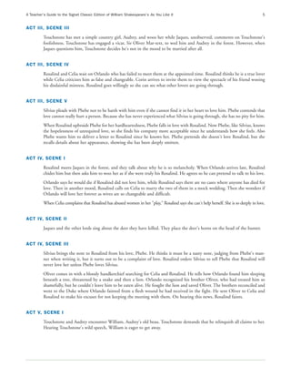 A Teacher’s Guide to the Signet Classic Edition of William Shakespeare’s As You Like It                                                   5


ACT III, SCENE III
          Touchstone has met a simple country girl, Audrey, and woos her while Jaques, unobserved, comments on Touchstone's
          foolishness. Touchstone has engaged a vicar, Sir Oliver Mar-text, to wed him and Audrey in the forest. However, when
          Jaques questions him, Touchstone decides he's not in the mood to be married after all.


ACT III, SCENE IV
          Rosalind and Celia wait on Orlando who has failed to meet them at the appointed time. Rosalind thinks he is a true lover
          while Celia criticizes him as false and changeable. Corin arrives to invite them to view the spectacle of his friend wooing
          his disdainful mistress. Rosalind goes willingly so she can see what other lovers are going through.


ACT III, SCENE V
          Silvius pleads with Phebe not to be harsh with him even if she cannot find it in her heart to love him. Phebe contends that
          love cannot really hurt a person. Because she has never experienced what Silvius is going through, she has no pity for him.
          When Rosalind upbraids Phebe for her hardheartedness, Phebe falls in love with Rosalind. Now Phebe, like Silvius, knows
          the hopelessness of unrequited love, so she finds his company more acceptable since he understands how she feels. Also
          Phebe wants him to deliver a letter to Rosalind since he knows her. Phebe pretends she doesn't love Rosalind, but she
          recalls details about her appearance, showing she has been deeply smitten.


ACT IV, SCENE I
          Rosalind meets Jaques in the forest, and they talk about why he is so melancholy. When Orlando arrives late, Rosalind
          chides him but then asks him to woo her as if she were truly his Rosalind. He agrees so he can pretend to talk to his love.
          Orlando says he would die if Rosalind did not love him, while Rosalind says there are no cases where anyone has died for
          love. Then in another mood, Rosalind calls on Celia to marry the two of them in a mock wedding. Then she wonders if
          Orlando will love her forever as wives are so changeable and difficult.
          When Celia complains that Rosalind has abused women in her "play," Rosalind says she can't help herself. She is so deeply in love.


ACT IV, SCENE II
          Jaques and the other lords sing about the deer they have killed. They place the deer's horns on the head of the hunter.


ACT IV, SCENE III
          Silvius brings the note to Rosalind from his love, Phebe. He thinks it must be a nasty note, judging from Phebe's man-
          ner when writing it, but it turns out to be a complaint of love. Rosalind orders Silvius to tell Phebe that Rosalind will
          never love her unless Phebe loves Silvius.
          Oliver comes in with a bloody handkerchief searching for Celia and Rosalind. He tells how Orlando found him sleeping
          beneath a tree, threatened by a snake and then a lion. Orlando recognized his brother Oliver, who had treated him so
          shamefully, but he couldn't leave him to be eaten alive. He fought the lion and saved Oliver. The brothers reconciled and
          went to the Duke where Orlando fainted from a flesh wound he had received in the fight. He sent Oliver to Celia and
          Rosalind to make his excuses for not keeping the meeting with them. On hearing this news, Rosalind faints.


ACT V, SCENE I
          Touchstone and Audrey encounter William, Audrey's old beau. Touchstone demands that he relinquish all claims to her.
          Hearing Touchstone's wild speech, William is eager to get away.
 