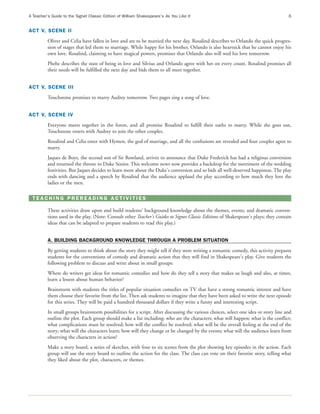 A Teacher’s Guide to the Signet Classic Edition of William Shakespeare’s As You Like It                                               6


ACT V, SCENE II
          Oliver and Celia have fallen in love and are to be married the next day. Rosalind describes to Orlando the quick progres-
          sion of stages that led them to marriage. While happy for his brother, Orlando is also heartsick that he cannot enjoy his
          own love. Rosalind, claiming to have magical powers, promises that Orlando also will wed his love tomorrow.
          Phebe describes the state of being in love and Silvius and Orlando agree with her on every count. Rosalind promises all
          their needs will be fulfilled the next day and bids them to all meet together.


ACT V, SCENE III
          Touchstone promises to marry Audrey tomorrow. Two pages sing a song of love.


ACT V, SCENE IV
          Everyone meets together in the forest, and all promise Rosalind to fulfill their oaths to marry. While she goes out,
          Touchstone enters with Audrey to join the other couples.
          Rosalind and Celia enter with Hymen, the god of marriage, and all the confusions are revealed and four couples agree to
          marry.
          Jaques de Boys, the second son of Sir Rowland, arrives to announce that Duke Frederick has had a religious conversion
          and returned the throne to Duke Senior. This welcome news now provides a backdrop for the merriment of the wedding
          festivities. But Jaques decides to learn more about the Duke's conversion and so bids all well-deserved happiness. The play
          ends with dancing and a speech by Rosalind that the audience applaud the play according to how much they love the
          ladies or the men.

  TEACHING PREREADING ACTIVITIES

          These activities draw upon and build students' background knowledge about the themes, events, and dramatic conven-
          tions used in the play. (Note: Consult other Teacher's Guides to Signet Classic Editions of Shakespeare's plays; they contain
          ideas that can be adapted to prepare students to read this play.)


          A. BUILDING BACKGROUND KNOWLEDGE THROUGH A PROBLEM SITUATION
          By getting students to think about the story they might tell if they were writing a romantic comedy, this activity prepares
          students for the conventions of comedy and dramatic action that they will find in Shakespeare's play. Give students the
          following problem to discuss and write about in small groups:
          Where do writers get ideas for romantic comedies and how do they tell a story that makes us laugh and also, at times,
          learn a lesson about human behavior?
          Brainstorm with students the titles of popular situation comedies on TV that have a strong romantic interest and have
          them choose their favorite from the list. Then ask students to imagine that they have been asked to write the next episode
          for this series. They will be paid a hundred thousand dollars if they write a funny and interesting script.
          In small groups brainstorm possibilities for a script. After discussing the various choices, select one idea or story line and
          outline the plot. Each group should make a list including: who are the characters; what will happen; what is the conflict;
          what complications must be resolved; how will the conflict be resolved; what will be the overall feeling at the end of the
          story; what will the characters learn; how will they change or be changed by the events; what will the audience learn from
          observing the characters in action?
          Make a story board, a series of sketches, with four to six scenes from the plot showing key episodes in the action. Each
          group will use the story board to outline the action for the class. The class can vote on their favorite story, telling what
          they liked about the plot, characters, or themes.
 