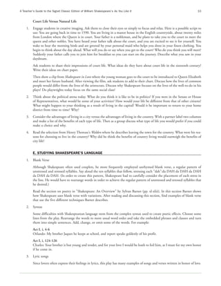 A Teacher’s Guide to the Signet Classic Edition of William Shakespeare’s As You Like It                                              10


          Court Life Versus Natural Life
     1.   Engage students in creative imaging. Ask them to close their eyes or simply to focus and relax. Here is a possible script to
          use: You are going back in time to 1590. You are living in a manor house in the English countryside, about twenty miles
          from London where the Queen is in court. Your father is a nobleman, and he plans to take you to the court to meet the
          queen and other nobles. You have heard your father talk about the court, and you are excited to see it for yourself. You
          wake to hear the morning birds and are greeted by your personal maid who helps you dress in your finest clothing. You
          begin to think about the day ahead. What will you do or say when you get to the court? Who do you think you will meet?
          Suddenly your father calls you to join him for breakfast so you can start on the journey. Describe what you saw in your
          daydream.
          Ask students to share their impressions of court life. What ideas do they have about court life in the sixteenth century?
          Write their ideas on chart paper.
          Then show a clip from Shakespeare in Love where the young woman goes to the court to be introduced to Queen Elizabeth
          and meet her future husband. After viewing the film, ask students to add to their chart. Discuss how the lives of common
          people would differ from the lives of the aristocrats. Discuss why Shakespeare focuses on the lives of the well-to-do in his
          plays? Do playwrights today focus on the same social class?
     2.   Think about the political arena today. What do you think it is like to be in politics? If you were in the Senate or House
          of Representatives, what would be some of your activities? How would your life be different from that of other citizens?
          What might happen to your thinking as a result of living in the capital? Would it be important to return to your home
          district from time to time? Why?
     3.   Consider the advantages of living in a city versus the advantages of living in the country. With a partner label two columns
          and make a list of the benefits of each type of life. Then as a group discuss what type of life you would prefer if you could
          make a choice and why.
     4.   Read the selection from Henry Thoreau's Walden where he describes leaving the town for the country. What were his rea-
          sons for choosing to live in the country? Why did he think the benefits of country living would outweigh the benefits of
          city life?


          E. STUDYING SHAKESPEARE'S LANGUAGE
     1.   Blank Verse
          Although Shakespeare often used couplets, he more frequently employed unrhymed blank verse, a regular pattern of
          unstressed and stressed syllables. Say aloud the ten syllables that follow, stressing each "dah":da DAH da DAH da DAH
          da DAH da DAH. (In order to create this pattern, Shakespeare had to carefully consider the placement of each stress in
          the line. He would have to rearrange words in order to achieve the regular pattern of unstressed and stressed syllables that
          he desired.)
          Read the section on poetry in "Shakespeare: An Overview" by Sylvan Barnet (pp. xl-xliii). In this section Barnet shows
          how Shakespeare uses blank verse with variations. After reading and discussing this section, find examples of blank verse
          that use the five different techniques Barnet describes.
     2.   Syntax
          Some difficulties with Shakespearean language stem from the complex syntax used to create poetic effects. Choose some
          lines from the play. Rearrange the words to more usual word order and take the embedded phrases and clauses and turn
          them into simple sentences. Add, change, or omit some of the words. For example:
          Act I, i, 4-6
          Orlando: My brother Jaques he keeps at school, and report speaks goldenly of his profit.
          Act I, i, 124-126
          Charles: Your brother is but young and tender, and for your love I would be loath to foil him, as I must for my own honor
          if he come in.
     3.   Lyric songs
          Since lovers often express their feelings in lyrics, this play has many examples of songs and verses written in honor of love.
 