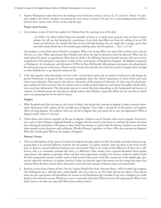 A Teacher’s Guide to the Signet Classic Edition of William Shakespeare’s As You Like It                                                 9


     5.   Explore Shakespeare's ideas about love by reading several of his love sonnets, such as 22, 25, and 116. Sonnet 147 pres-
          ents a darker view of love. Students can contrast the view of love in sonnets 116 and 147 as a prereading activity and then
          look for these various views of love as they read the play.
          Nature versus Fortune
     1.   Give students a copy of these lines spoken by Orlando from the opening scene of the play:
                     ...he [Oliver, his older brother] keeps me rustically at home or, to speak more properly, stays me here at home
                     unkept; for call you that keeping for a gentleman of my birth that differs not from the stalling of an ox? His
                     horses are bred better, for, besides that they are fair with their feeding, they are taught their manage, and to that
                     end riders dearly hired; but I, his brother, gain nothing under him but growth.... (Act I, i, 6-14).
          Ask students to write freely about Orlando's complaint. What is he saying? Why is he upset? After students write, discuss
          the lines as a class. What expectations does Orlando have about the type of education which he deserves? What does he
          imply about his nature as a gentleman? What does he think is the difference between himself and men who are not born
          as gentlemen? This discussion may lead to a study of the social history of Elizabethan England. The Bedford Companion
          to Shakespeare: An Introduction with Documents (1996), by Russ McDonald, offers primary documents describing family
          life and social structure of the time. Choose several excerpts that describe the social class system. Compare these writings
          to what Orlando has to say about his station in life.
     2.   Is the idea popular today that people are born with a certain fixed nature and no amount of education will change the
          person? Brainstorm in groups of three common assumptions about the relative importance of nature (birth and social
          class) versus education. This exercise may lead to a discussion of the purpose of education. In what ways do schools pre-
          pare students for life in society? How do schools work to instill common behaviors and values? Do public schools elimi-
          nate social class distinctions? This discussion may go in several directions depending on the background and interest of
          students. Tie this discussion into the play, by asking students why Orlando is upset that Oliver has not sent him to school
          and is not preparing him for his role in society?
          Disguise
     1.   When Rosalind and Celia run away to the Forest of Arden, they decide they must go in disguise in order to protect them-
          selves. Brainstorm with students all the possible uses of disguise. Then make a second list of the positive and negative
          effects of using disguise. Ask students: what can you do in disguise that you cannot do in your real appearance? When is
          disguise useful; when is it devious?
     2.   Think about some famous examples of the use of disguise. Students may be familiar with several examples from litera-
          ture, such as when Odysseus disguised himself as a beggar when he returns to his home to confront the suitors who have
          been abusing the hospitality of his home or when Huck Finn dresses as a girl to hide his identity. Students can also think
          about popular action characters such as Batman, Wonder Woman, Superman, or Zorro. Why does a person use disguise?
          What does he/she gain? What are the dangers of disguise?
          Woman's Nature
     1.   There are descriptions of the nature of women throughout the play spoken by both the female and male characters sug-
          gesting there is an essential difference between the two genders. To explore students' ideas ask them to free write on this
          topic: is there an essential difference between men and women? What is the nature of this difference? If there isn't a dif-
          ference, why is it commonly assumed that there is a difference? After writing, have a general discussion about gender
          expectations. Ask students to speculate where and why some expectations emerged. For instance, when do students think
          the idea emerged that women couldn't work as hard as men? How much work did a woman do in the middle ages, dur-
          ing the industrial revolution, in modern America? Is there an idea that upper class women are less strong than lower class
          women? What do these notions tell us about how social class and concepts of human nature are intertwined?
     2.   Read the section from A Room of One's Own by Virginia Woolf (New York: Harcourt Brace, 1929) in which she imagines
          that Shakespeare has a talented sister, named Judith, who also wants to see the world and use her talents. Then discuss
          what were the expectations and possibilities for women in the Elizabethan age? Consider if you were a daughter of a noble
          family in the sixteenth century. Would you receive a university education? What were your life expectations? What if you
          didn't want to do what was expected? What choices did you have?
 