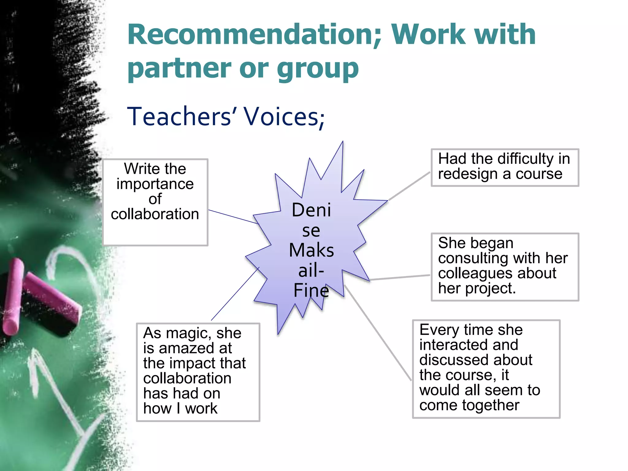 Recommendation; Work with 
partner or group 
Teachers’ Voices; 
Deni 
se 
Maks 
ail- 
Fine 
Had the difficulty in 
redesign a course 
She began 
consulting with her 
colleagues about 
her project. 
Write the 
importance 
of 
collaboration 
As magic, she 
is amazed at 
the impact that 
collaboration 
has had on 
how I work 
Every time she 
interacted and 
discussed about 
the course, it 
would all seem to 
come together 
 