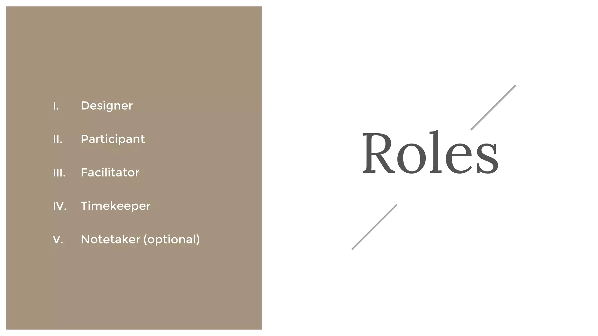 Roles
13
I. Designer
II. Participant
III. Facilitator
IV. Timekeeper
V. Notetaker (optional)
 