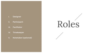 Roles
13
I. Designer
II. Participant
III. Facilitator
IV. Timekeeper
V. Notetaker (optional)
 