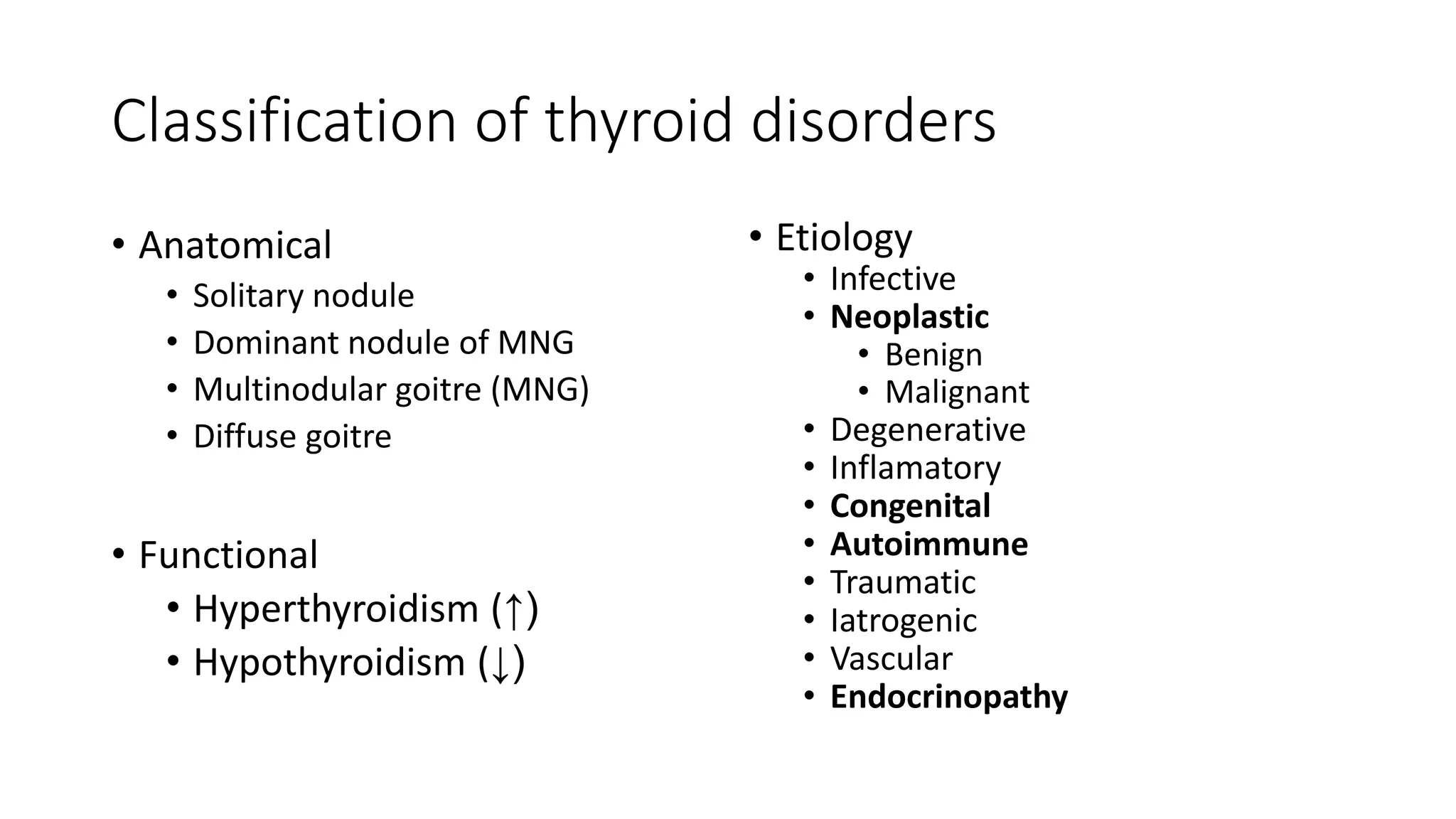 Classification of thyroid disorders
• Anatomical
• Solitary nodule
• Dominant nodule of MNG
• Multinodular goitre (MNG)
• Diffuse goitre
• Functional
• Hyperthyroidism (↑)
• Hypothyroidism (↓)
• Etiology
• Infective
• Neoplastic
• Benign
• Malignant
• Degenerative
• Inflamatory
• Congenital
• Autoimmune
• Traumatic
• Iatrogenic
• Vascular
• Endocrinopathy
 