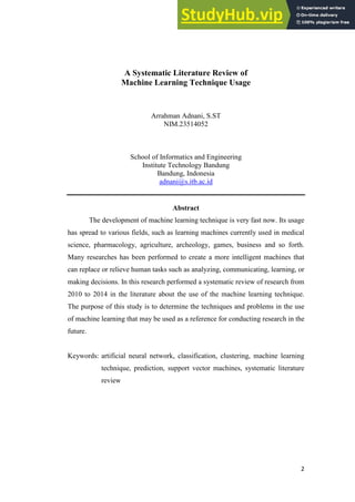 A SYSTEMATIC LITERATURE REVIEW OF MACHINE LEARNING TECHNIQUE USAGE | PDF