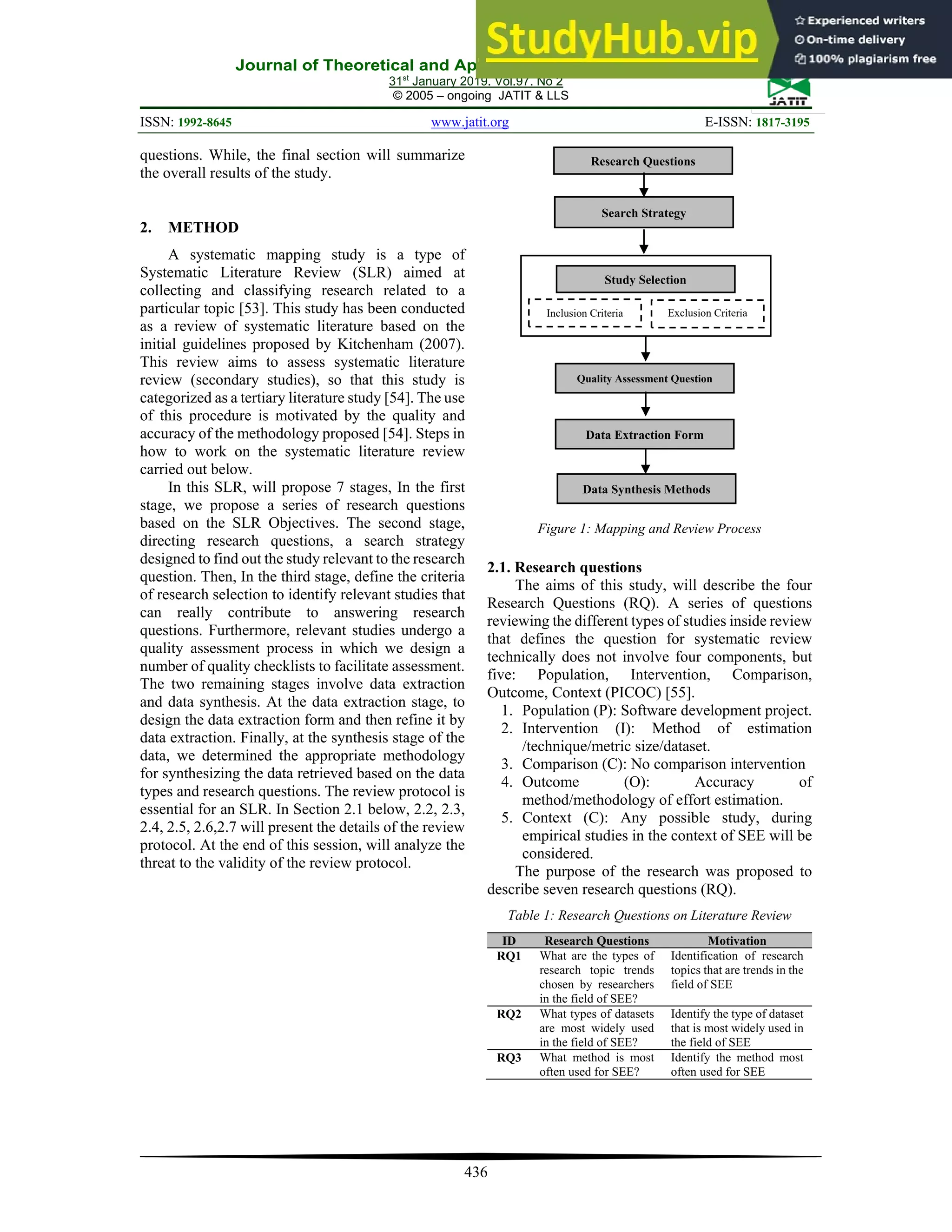 Journal of Theoretical and Applied Information Technology
31st
January 2019. Vol.97. No 2
© 2005 – ongoing JATIT & LLS
ISSN: 1992-8645 www.jatit.org E-ISSN: 1817-3195
436
questions. While, the final section will summarize
the overall results of the study.
2. METHOD
A systematic mapping study is a type of
Systematic Literature Review (SLR) aimed at
collecting and classifying research related to a
particular topic [53]. This study has been conducted
as a review of systematic literature based on the
initial guidelines proposed by Kitchenham (2007).
This review aims to assess systematic literature
review (secondary studies), so that this study is
categorized as a tertiary literature study [54]. The use
of this procedure is motivated by the quality and
accuracy of the methodology proposed [54]. Steps in
how to work on the systematic literature review
carried out below.
In this SLR, will propose 7 stages, In the first
stage, we propose a series of research questions
based on the SLR Objectives. The second stage,
directing research questions, a search strategy
designed to find out the study relevant to the research
question. Then, In the third stage, define the criteria
of research selection to identify relevant studies that
can really contribute to answering research
questions. Furthermore, relevant studies undergo a
quality assessment process in which we design a
number of quality checklists to facilitate assessment.
The two remaining stages involve data extraction
and data synthesis. At the data extraction stage, to
design the data extraction form and then refine it by
data extraction. Finally, at the synthesis stage of the
data, we determined the appropriate methodology
for synthesizing the data retrieved based on the data
types and research questions. The review protocol is
essential for an SLR. In Section 2.1 below, 2.2, 2.3,
2.4, 2.5, 2.6,2.7 will present the details of the review
protocol. At the end of this session, will analyze the
threat to the validity of the review protocol.
Figure 1: Mapping and Review Process
2.1. Research questions
The aims of this study, will describe the four
Research Questions (RQ). A series of questions
reviewing the different types of studies inside review
that defines the question for systematic review
technically does not involve four components, but
five: Population, Intervention, Comparison,
Outcome, Context (PICOC) [55].
1. Population (P): Software development project.
2. Intervention (I): Method of estimation
/technique/metric size/dataset.
3. Comparison (C): No comparison intervention
4. Outcome (O): Accuracy of
method/methodology of effort estimation.
5. Context (C): Any possible study, during
empirical studies in the context of SEE will be
considered.
The purpose of the research was proposed to
describe seven research questions (RQ).
Table 1: Research Questions on Literature Review
ID Research Questions Motivation
RQ1 What are the types of
research topic trends
chosen by researchers
in the field of SEE?
Identification of research
topics that are trends in the
field of SEE
RQ2 What types of datasets
are most widely used
in the field of SEE?
Identify the type of dataset
that is most widely used in
the field of SEE
RQ3 What method is most
often used for SEE?
Identify the method most
often used for SEE
Research Questions
Search Strategy
Study Selection
Inclusion Criteria Exclusion Criteria
Quality Assessment Question
Data Extraction Form
Data Synthesis Methods
 