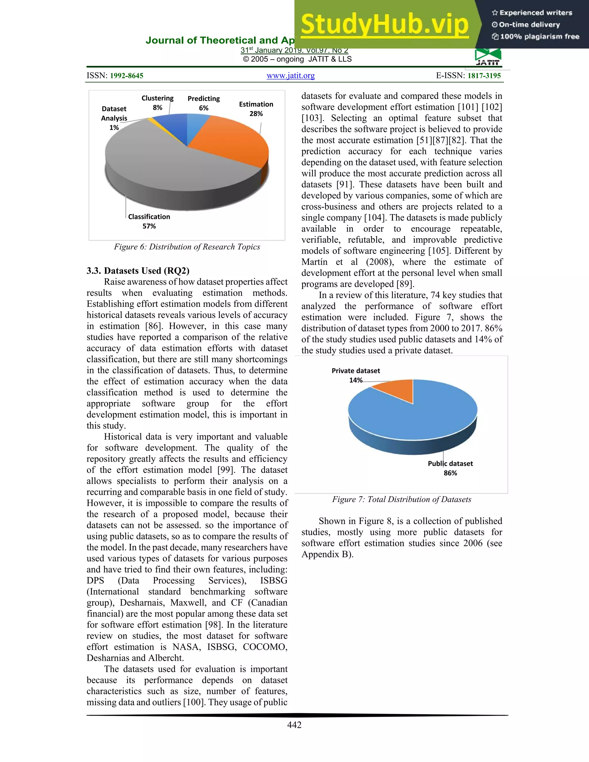 Journal of Theoretical and Applied Information Technology
31st
January 2019. Vol.97. No 2
© 2005 – ongoing JATIT & LLS
ISSN: 1992-8645 www.jatit.org E-ISSN: 1817-3195
442
Figure 6: Distribution of Research Topics
3.3. Datasets Used (RQ2)
Raise awareness of how dataset properties affect
results when evaluating estimation methods.
Establishing effort estimation models from different
historical datasets reveals various levels of accuracy
in estimation [86]. However, in this case many
studies have reported a comparison of the relative
accuracy of data estimation efforts with dataset
classification, but there are still many shortcomings
in the classification of datasets. Thus, to determine
the effect of estimation accuracy when the data
classification method is used to determine the
appropriate software group for the effort
development estimation model, this is important in
this study.
Historical data is very important and valuable
for software development. The quality of the
repository greatly affects the results and efficiency
of the effort estimation model [99]. The dataset
allows specialists to perform their analysis on a
recurring and comparable basis in one field of study.
However, it is impossible to compare the results of
the research of a proposed model, because their
datasets can not be assessed. so the importance of
using public datasets, so as to compare the results of
the model. In the past decade, many researchers have
used various types of datasets for various purposes
and have tried to find their own features, including:
DPS (Data Processing Services), ISBSG
(International standard benchmarking software
group), Desharnais, Maxwell, and CF (Canadian
financial) are the most popular among these data set
for software effort estimation [98]. In the literature
review on studies, the most dataset for software
effort estimation is NASA, ISBSG, COCOMO,
Desharnias and Albercht.
The datasets used for evaluation is important
because its performance depends on dataset
characteristics such as size, number of features,
missing data and outliers [100]. They usage of public
datasets for evaluate and compared these models in
software development effort estimation [101] [102]
[103]. Selecting an optimal feature subset that
describes the software project is believed to provide
the most accurate estimation [51][87][82]. That the
prediction accuracy for each technique varies
depending on the dataset used, with feature selection
will produce the most accurate prediction across all
datasets [91]. These datasets have been built and
developed by various companies, some of which are
cross-business and others are projects related to a
single company [104]. The datasets is made publicly
available in order to encourage repeatable,
verifiable, refutable, and improvable predictive
models of software engineering [105]. Different by
Martín et al (2008), where the estimate of
development effort at the personal level when small
programs are developed [89].
In a review of this literature, 74 key studies that
analyzed the performance of software effort
estimation were included. Figure 7, shows the
distribution of dataset types from 2000 to 2017. 86%
of the study studies used public datasets and 14% of
the study studies used a private dataset.
Figure 7: Total Distribution of Datasets
Shown in Figure 8, is a collection of published
studies, mostly using more public datasets for
software effort estimation studies since 2006 (see
Appendix B).
Predicting
6% Estimation
28%
Classification
57%
Dataset
Analysis
1%
Clustering
8%
Public dataset
86%
Private dataset
14%
 