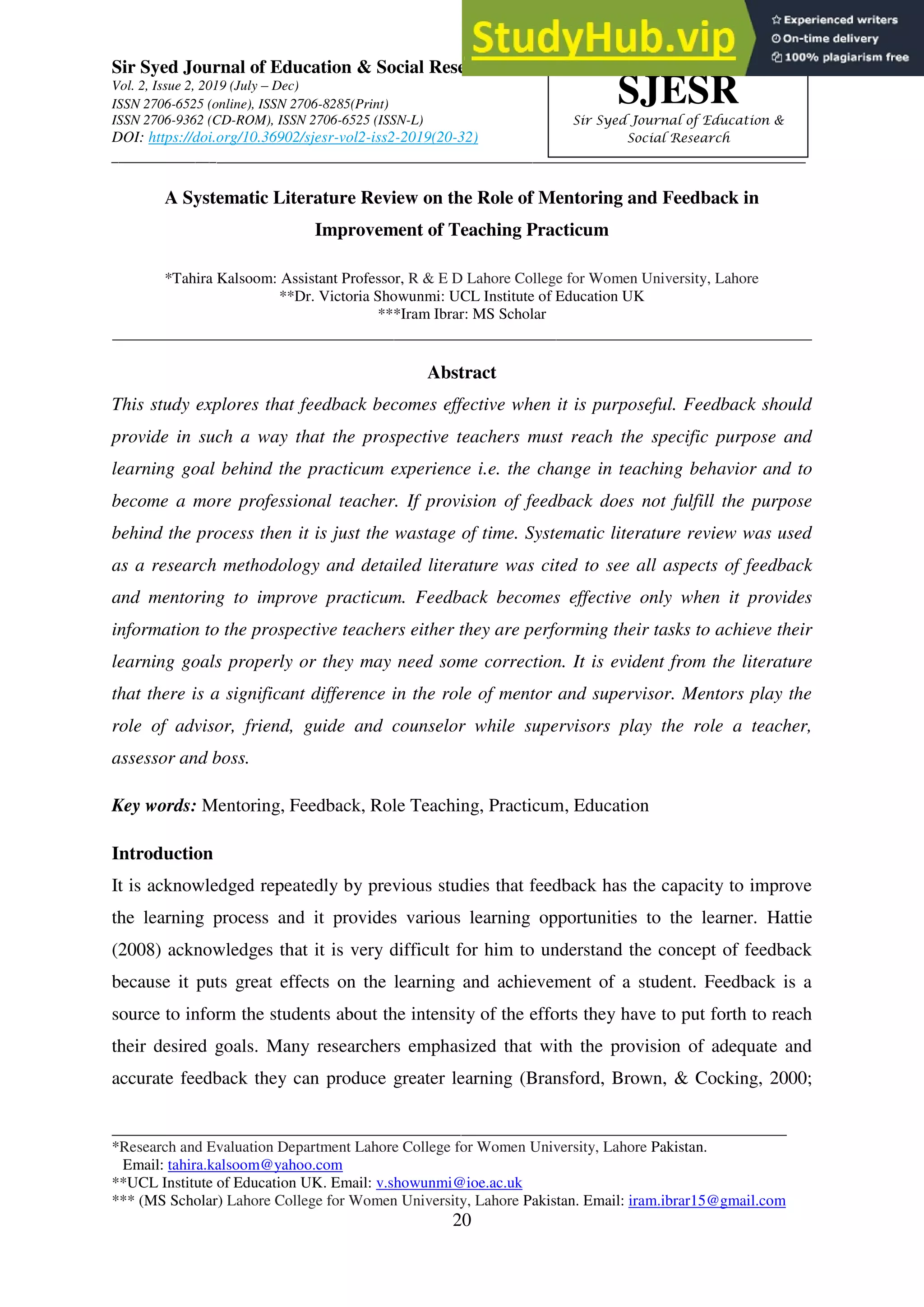 A Systematic Literature Review On The Role Of Mentoring And