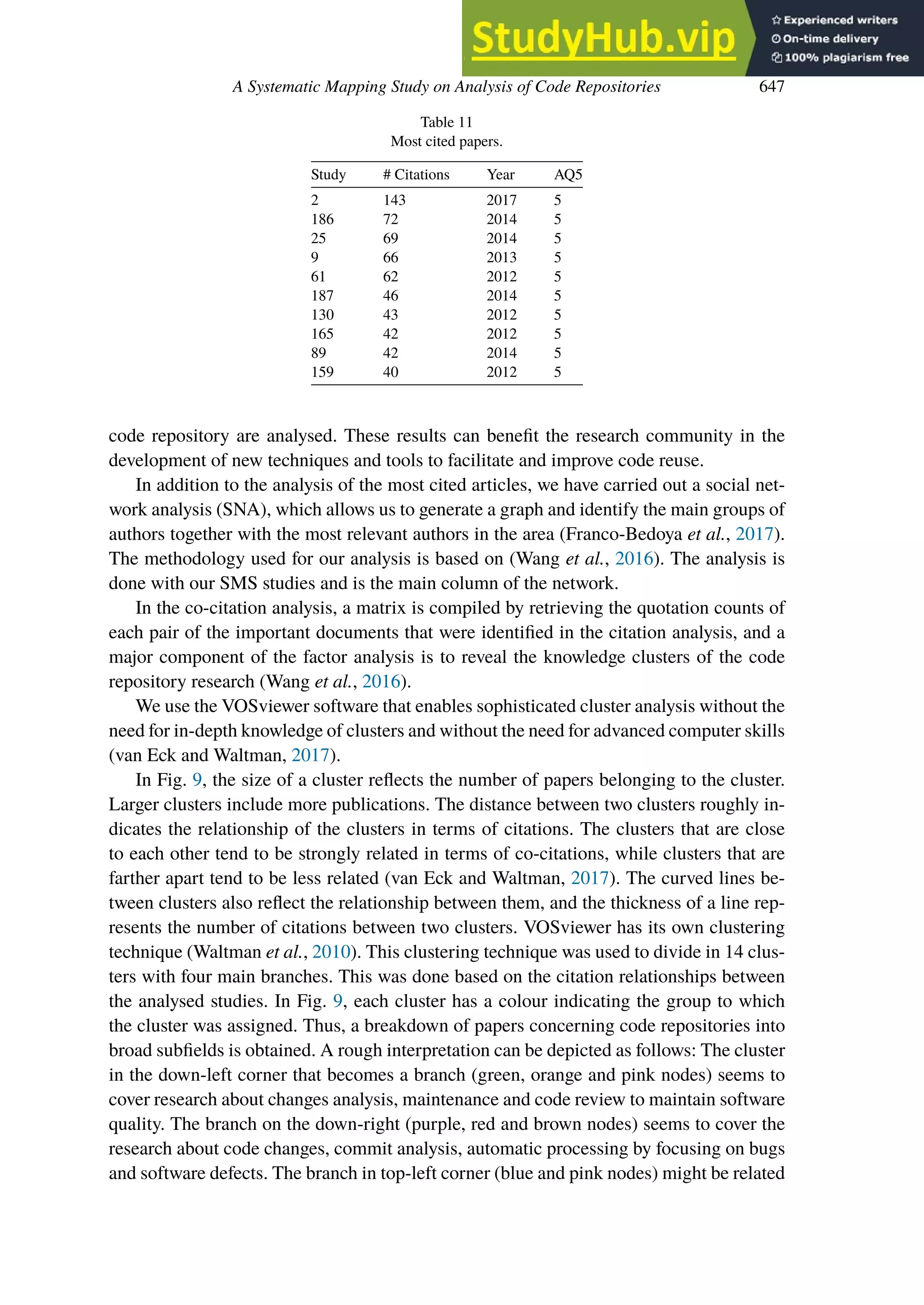 A Systematic Mapping Study on Analysis of Code Repositories 647
Table 11
Most cited papers.
Study # Citations Year AQ5
2 143 2017 5
186 72 2014 5
25 69 2014 5
9 66 2013 5
61 62 2012 5
187 46 2014 5
130 43 2012 5
165 42 2012 5
89 42 2014 5
159 40 2012 5
code repository are analysed. These results can benefit the research community in the
development of new techniques and tools to facilitate and improve code reuse.
In addition to the analysis of the most cited articles, we have carried out a social net-
work analysis (SNA), which allows us to generate a graph and identify the main groups of
authors together with the most relevant authors in the area (Franco-Bedoya et al., 2017).
The methodology used for our analysis is based on (Wang et al., 2016). The analysis is
done with our SMS studies and is the main column of the network.
In the co-citation analysis, a matrix is compiled by retrieving the quotation counts of
each pair of the important documents that were identified in the citation analysis, and a
major component of the factor analysis is to reveal the knowledge clusters of the code
repository research (Wang et al., 2016).
We use the VOSviewer software that enables sophisticated cluster analysis without the
need for in-depth knowledge of clusters and without the need for advanced computer skills
(van Eck and Waltman, 2017).
In Fig. 9, the size of a cluster reflects the number of papers belonging to the cluster.
Larger clusters include more publications. The distance between two clusters roughly in-
dicates the relationship of the clusters in terms of citations. The clusters that are close
to each other tend to be strongly related in terms of co-citations, while clusters that are
farther apart tend to be less related (van Eck and Waltman, 2017). The curved lines be-
tween clusters also reflect the relationship between them, and the thickness of a line rep-
resents the number of citations between two clusters. VOSviewer has its own clustering
technique (Waltman et al., 2010). This clustering technique was used to divide in 14 clus-
ters with four main branches. This was done based on the citation relationships between
the analysed studies. In Fig. 9, each cluster has a colour indicating the group to which
the cluster was assigned. Thus, a breakdown of papers concerning code repositories into
broad subfields is obtained. A rough interpretation can be depicted as follows: The cluster
in the down-left corner that becomes a branch (green, orange and pink nodes) seems to
cover research about changes analysis, maintenance and code review to maintain software
quality. The branch on the down-right (purple, red and brown nodes) seems to cover the
research about code changes, commit analysis, automatic processing by focusing on bugs
and software defects. The branch in top-left corner (blue and pink nodes) might be related
 