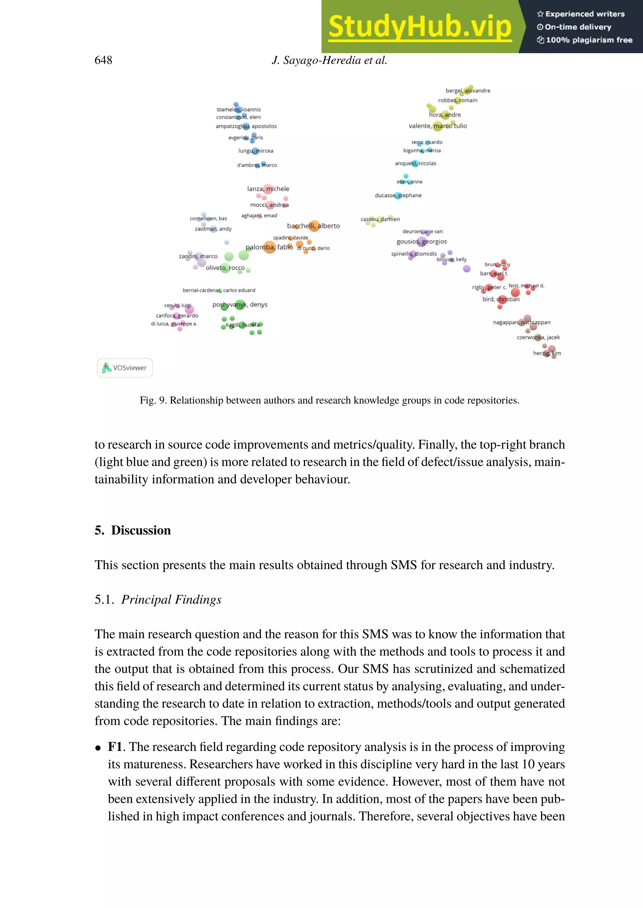 648 J. Sayago-Heredia et al.
Fig. 9. Relationship between authors and research knowledge groups in code repositories.
to research in source code improvements and metrics/quality. Finally, the top-right branch
(light blue and green) is more related to research in the field of defect/issue analysis, main-
tainability information and developer behaviour.
5. Discussion
This section presents the main results obtained through SMS for research and industry.
5.1. Principal Findings
The main research question and the reason for this SMS was to know the information that
is extracted from the code repositories along with the methods and tools to process it and
the output that is obtained from this process. Our SMS has scrutinized and schematized
this field of research and determined its current status by analysing, evaluating, and under-
standing the research to date in relation to extraction, methods/tools and output generated
from code repositories. The main findings are:
• F1. The research field regarding code repository analysis is in the process of improving
its matureness. Researchers have worked in this discipline very hard in the last 10 years
with several diﬀerent proposals with some evidence. However, most of them have not
been extensively applied in the industry. In addition, most of the papers have been pub-
lished in high impact conferences and journals. Therefore, several objectives have been
 
