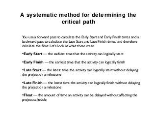 A systematic method for determining the
              critical path

You use a forward pass to calculate the Early Start and Early Finish times and a
backward pass to calculate the Late Start and Late Finish times, and therefore
calculate the float. Let’s look at what these mean.

•Early Start — the earliest time that the activity can logically start
•Early Finish — the earliest time that the activity can logically finish
•Late Start — the latest time the activity can logically start without delaying
the project or a milestone

•Late Finish — the latest time the activity can logically finish without delaying
the project or a milestone

•Float — the amount of time an activity can be delayed without affecting the
project schedule
 