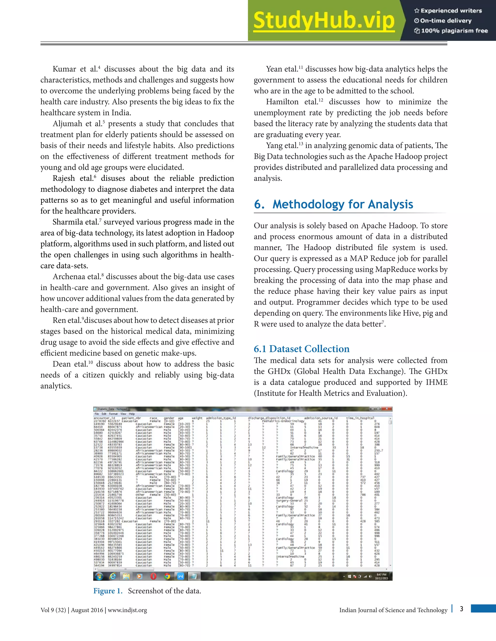 Munaza Ramzan, Farha Ramzan and Sanjeev Thakur
Vol 9 (32) | August 2016 | www.indjst.org Indian Journal of Science and Technology 3
Kumar et al.4
discusses about the big data and its
characteristics, methods and challenges and suggests how
to overcome the underlying problems being faced by the
health care industry. Also presents the big ideas to fix the
healthcare system in India.
Aljumah et al.5
presents a study that concludes that
treatment plan for elderly patients should be assessed on
basis of their needs and lifestyle habits. Also predictions
on the effectiveness of different treatment methods for
young and old age groups were elucidated.
Rajesh etal.6
disuses about the reliable prediction
methodology to diagnose diabetes and interpret the data
patterns so as to get meaningful and useful information
for the healthcare providers.
Sharmila etal.7
surveyed various progress made in the
area of big-data technology, its latest adoption in Hadoop
platform, algorithms used in such platform, and listed out
the open challenges in using such algorithms in health-
care data-sets.
Archenaa etal.8
discusses about the big-data use cases
in health-care and government. Also gives an insight of
how uncover additional values from the data generated by
health-care and government.
Ren etal.9
discuses about how to detect diseases at prior
stages based on the historical medical data, minimizing
drug usage to avoid the side effects and give effective and
efficient medicine based on genetic make-ups.
Dean etal.10
discuss about how to address the basic
needs of a citizen quickly and reliably using big-data
analytics.
Yean etal.11
discusses how big-data analytics helps the
government to assess the educational needs for children
who are in the age to be admitted to the school.
Hamilton etal.12
discusses how to minimize the
unemployment rate by predicting the job needs before
based the literacy rate by analyzing the students data that
are graduating every year.
Yang etal.13
in analyzing genomic data of patients, The
Big Data technologies such as the Apache Hadoop project
provides distributed and parallelized data processing and
analysis.
6. Methodology for Analysis
Our analysis is solely based on Apache Hadoop. To store
and process enormous amount of data in a distributed
manner, The Hadoop distributed file system is used.
Our query is expressed as a MAP Reduce job for parallel
processing. Query processing using MapReduce works by
breaking the processing of data into the map phase and
the reduce phase having their key value pairs as input
and output. Programmer decides which type to be used
depending on query. The environments like Hive, pig and
R were used to analyze the data better7
.
6.1 Dataset Collection
The medical data sets for analysis were collected from
the GHDx (Global Health Data Exchange). The GHDx
is a data catalogue produced and supported by IHME
(Institute for Health Metrics and Evaluation).
Figure 1. Screenshot of the data.
 