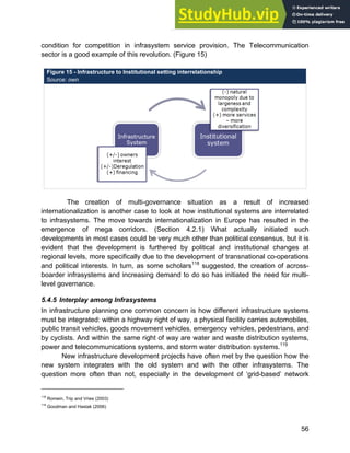 Systems Approach to Infrastructure Planning
56
condition for competition in infrasystem service provision. The Telecommunication
sector is a good example of this revolution. (Figure 15)
Figure 15 - Infrastructure to Institutional setting interrelationship
Source: own
The creation of multi-governance situation as a result of increased
internationalization is another case to look at how institutional systems are interrelated
to infrasystems. The move towards internationalization in Europe has resulted in the
emergence of mega corridors. (Section 4.2.1) What actually initiated such
developments in most cases could be very much other than political consensus, but it is
evident that the development is furthered by political and institutional changes at
regional levels, more specifically due to the development of transnational co-operations
and political interests. In turn, as some scholars118
suggested, the creation of across-
boarder infrasystems and increasing demand to do so has initiated the need for multi-
level governance.
5.4.5 Interplay among Infrasystems
In infrastructure planning one common concern is how different infrastructure systems
must be integrated: within a highway right of way, a physical facility carries automobiles,
public transit vehicles, goods movement vehicles, emergency vehicles, pedestrians, and
by cyclists. And within the same right of way are water and waste distribution systems,
power and telecommunications systems, and storm water distribution systems.119
New infrastructure development projects have often met by the question how the
new system integrates with the old system and with the other infrasystems. The
question more often than not, especially in the development of ‘grid-based’ network
118
Romein, Trip and Vries (2003)
119
Goodman and Hastak (2006)
 
