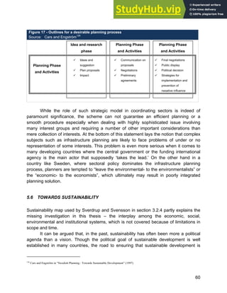 Systems Approach to Infrastructure Planning
60
While the role of such strategic model in coordinating sectors is indeed of
paramount significance, the scheme can not guarantee an efficient planning or a
smooth procedure especially when dealing with highly sophisticated issue involving
many interest groups and requiring a number of other important considerations than
mere collection of interests. At the bottom of this statement lays the notion that complex
subjects such as infrastructure planning are likely to face problems of under or no
representation of some interests. This problem is even more serious when it comes to
many developing countries where the central government or the funding international
agency is the main actor that supposedly ‘takes the lead.’ On the other hand in a
country like Sweden, where sectoral policy dominates the infrastructure planning
process, planners are tempted to “leave the environmental- to the environmentalists” or
the “economic- to the economists”, which ultimately may result in poorly integrated
planning solution.
5.6 TOWARDS SUSTAINABILITY
Sustainability map used by Sverdrup and Svensson in section 3.2.4 partly explains the
missing investigation in this thesis – the interplay among the economic, social,
environmental and institutional systems, which is not covered because of limitations in
scope and time.
It can be argued that, in the past, sustainability has often been more a political
agenda than a vision. Though the political goal of sustainable development is well
established in many countries, the road to ensuring that sustainable development is
126
Cars and Engström in “Swedish Planning : Towards Sustainable Development” (1997)
Figure 17 - Outlines for a desirable planning process
Source: Cars and Engström126
Planning Phase
and Activities
Planning Phase
and Activities
Idea and research
phase
Planning Phase
and Activities
X Ideas and
suggestion
X Plan proposals
X Impact
X Communication on
proposals
X Negotiations
X Preliminary
agreements
X Final negotiations
X Public display
X Political decision
X Strategies for
implementation and
prevention of
negative influence
 
