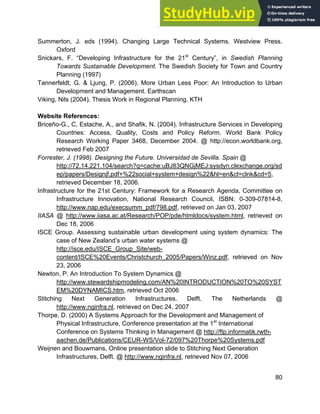 Systems Approach to Infrastructure Planning
80
Summerton, J. eds (1994). Changing Large Technical Systems. Westview Press.
Oxford
Snickars, F. “Developing Infrastructure for the 21st
Century”, in Swedish Planning
Towards Sustainable Development. The Swedish Society for Town and Country
Planning (1997)
Tannerfeldt, G. & Ljung, P. (2006). More Urban Less Poor: An Introduction to Urban
Development and Management. Earthscan
Viking, Nils (2004), Thesis Work in Regional Planning. KTH
Website References:
Briceño-G., C, Estache, A., and Shafik, N. (2004). Infrastructure Services in Developing
Countries: Access, Quality, Costs and Policy Reform. World Bank Policy
Research Working Paper 3468, December 2004. @ http://econ.worldbank.org,
retrieved Feb 2007
Forrester, J. (1998). Designing the Future. Universidad de Sevilla. Spain @
http://72.14.221.104/search?q=cache:uBJ83QNGjMEJ:sysdyn.clexchange.org/sd
ep/papers/Designjf.pdf+%22social+system+design%22&hl=en&ct=clnk&cd=5,
retrieved December 18, 2006.
Infrastructure for the 21st Century: Framework for a Research Agenda, Committee on
Infrastructure Innovation, National Research Council, ISBN: 0-309-07814-8,
http://www.nap.edu/execsumm_pdf/798.pdf, retrieved on Jan 03, 2007
IIASA @ http://www.iiasa.ac.at/Research/POP/pde/htmldocs/system.html, retrieved on
Dec 18, 2006
ISCE Group. Assessing sustainable urban development using system dynamics: The
case of New Zealand’s urban water systems @
http://isce.edu/ISCE_Group_Site/web-
content/ISCE%20Events/Christchurch_2005/Papers/Winz.pdf, retrieved on Nov
23, 2006
Newton, P. An Introduction To System Dynamics @
http://www.stewardshipmodeling.com/AN%20INTRODUCTION%20TO%20SYST
EM%20DYNAMICS.htm, retrieved Oct 2006
Stitching Next Generation Infrastructures. Delft. The Netherlands @
http://www.nginfra.nl, retrieved on Dec 24, 2007
Thorpe, D. (2000) A Systems Approach for the Development and Management of
Physical Infrastructure, Conference presentation at the 1st
International
Conference on Systems Thinking in Management @ http://ftp.informatik.rwth-
aachen.de/Publications/CEUR-WS/Vol-72/097%20Thorpe%20Systems.pdf
Weijnen and Bouwmans, Online presentation slide to Stitching Next Generation
Infrastructures, Delft. @ http://www.nginfra.nl, retrieved Nov 07, 2006
 