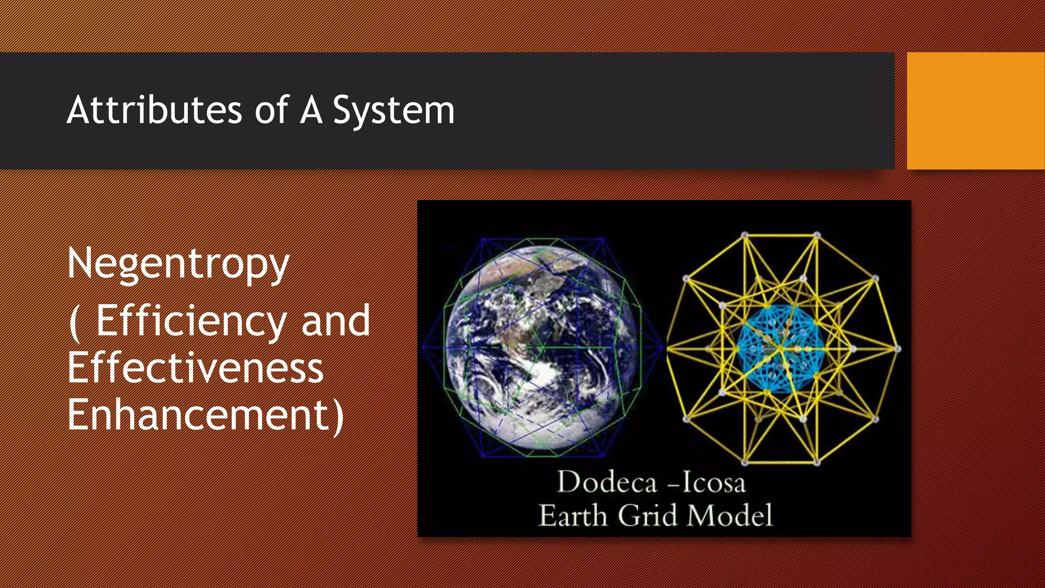 Attributes of A System
Negentropy
( Efficiency and
Effectiveness
Enhancement)
 