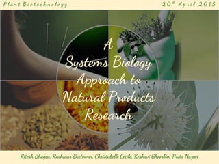 A
Systems Biology
Approach to
Natural Products
Research
A
Systems Biology
Approach to
Natural Products
Research
P l a n t B i o t e c h n o l o g y 2 0 th
A p r i l 2 0 1 5
Ritesh Bhagea, Rouksaar Buctowar, Christabelle Cécile, Keshavi Ghoorbin, Huda Nazeer
 