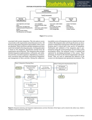 associated with systems integration. The risk analysis occurs
concurrently as the requirements and architectures evolve. All
the factors that impact integration and testability of the system
are identified. These risk factors and their mitigation activities
need to be included in theintegration plan.Anintegrationplan
is based on the integration specification elicited from the
requirements and architecture. The integration plan includes
detailed integration implementation, verification, and valida-
tion activities, execution sequences, dependencies, resources,
tools, executions states and modes, assessment of integration,
and management of these activities. During this subprocess
traceability across all integration process related activities are
verified. The integration plan and all specifications are docu-
mented. Configuration management of the plan and the speci-
fications plays a critical part in the success of integration.
Verification and validation of the integration plan is per-
formed by testing the system prototype. In most of the system
development efforts, the proposed system is modeled and
optimized by developing prototypes of the system. These
prototypes are based on the derived requirements and archi-
tecture. They are used to understand the behavior of the
system in its development and operational environment. This
Figure 6. Integration planning and integration implementation activities flowchart. [Color figure can be viewed in the online issue, which is
available at www.interscience.wiley.com.]
Figure 5. Test activities.
SYSTEMS INTEGRATION FRAMEWORK FOR PROCESS ANALYSIS AND IMPROVEMENT 281
Systems Engineering DOI 10.1002/sys
 