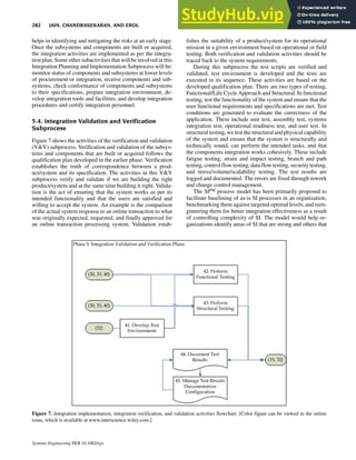 helps in identifying and mitigating the risks at an early stage.
Once the subsystems and components are built or acquired,
the integration activities are implemented as per the integra-
tion plan. Some other subactivities that will be involved in this
Integration Planning and Implementation Subprocess will be:
monitor status of components and subsystems at lower levels
of procurement or integration, receive components and sub-
systems, check conformance of components and subsystems
to their specifications, prepare integration environment, de-
velop integration tools and facilities, and develop integration
procedures and certify integration personnel.
5.4. Integration Validation and Verification
Subprocess
Figure 7 shows the activities of the verification and validation
(V&V) subprocess. Verification and validation of the subsys-
tems and components that are built or acquired follows the
qualification plan developed in the earlier phase. Verification
establishes the truth of correspondence between a prod-
uct/system and its specification. The activities in this V&V
subprocess verify and validate if we are building the right
product/system and at the same time building it right. Valida-
tion is the act of ensuring that the system works as per its
intended functionality and that the users are satisfied and
willing to accept the system. An example is the comparison
of the actual system response to an online transaction to what
was originally expected, requested, and finally approved for
an online transaction processing system. Validation estab-
lishes the suitability of a product/system for its operational
mission in a given environment based on operational or field
testing. Both verification and validation activities should be
traced back to the system requirements.
During this subprocess the test scripts are verified and
validated, test environment is developed and the tests are
executed in its sequence. These activities are based on the
developed qualification plan. There are two types of testing,
Functional/Life Cycle Approach and Structural. In functional
testing, test the functionality of the system and ensure that the
user functional requirements and specifications are met. Test
conditions are generated to evaluate the correctness of the
application. These include unit test, assembly test, systems
integration test, operational readiness test, and user test. In
structural testing, we test thestructuralandphysicalcapability
of the system and ensure that the system is structurally and
technically sound, can perform the intended tasks, and that
the components integration works cohesively. These include
fatigue testing, strain and impact testing, branch and path
testing, control flow testing, data flow testing,security testing,
and stress/volume/scalability testing. The test results are
logged and documented. The errors are fixed through rework
and change control management.
The SIPM process model has been primarily proposed to
facilitate baselining of as-is SI processes in an organization,
benchmarking them against targeted optimal levels, and reen-
gineering them for better integration effectiveness as a result
of controlling complexity of SI. The model would help or-
ganizations identify areas of SI that are strong and others that
Figure 7. Integration implementation, integration verification, and validation activities flowchart. [Color figure can be viewed in the online
issue, which is available at www.interscience.wiley.com.]
282 JAIN, CHANDRASEKARAN, AND EROL
Systems Engineering DOI 10.1002/sys
 