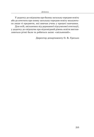 Додатки
215
У додатку до свідоцтва про базову загальну середню освіту
або до атестата про повну загальну середню освіту вказують-
ся лише ті предмети, які вивчав учень у процесі навчання.
Для осіб, звільнених від державної підсумкової атестації,
у додатку до свідоцтва про відповідний рівень освіти вистав-
ляються річні бали та робиться запис «звільнений».
Директор департаменту О. В. Єресько
 