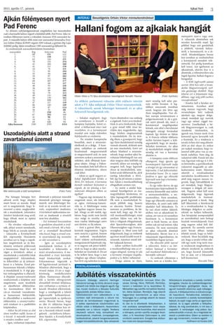 Ajkai Szó2015. április 17., péntek
3
Kórusunk többsége, valamint Hartinger
Nándorné karnagy és Vörös Jánosné zongo-
rakísérő már ötödik éve dolgozik együtt. Egy
éve, miután kiváltunk a Bányász Kulturális
Egyesületből, Jubilate Nőikar néven.
Célkitűzésünkön nem változtattunk: a ne-
vünkben rejlő örömszerzés a célunk má-
soknak és természetesen magunknak is.
A széles repertoárnak köszönhetően sok-
rétűek voltak a fellépéseink. Huszonkilenc
szereplés van a hátunk mögött. Tevékeny
résztvevői voltunk helyi, környékbeli ren-
dezvényeknek, miséknek, ünnepségeknek,
borfesztiválnak, adventi hangversenyeknek,
megyei kórustalálkozóknak. Ajka városának
hírnevét öregbítettük nemcsak itthon (De-
vecser, Sümeg, Hévíz, Pétfürdő, Révfülöp),
hanem a határokon túl is, Ausztriában St.
Michaelben egy ezerfős nemzetközi fesztivá-
lon, illetve Grazban. Reméljük, hogy sikerült
hagyományt teremtenünk az ajkai kórus-
farsanggal, és a padragi adventi és tavaszi
hangversennyel!
Az idei év is bővelkedik fellépésekben. A
már szokásos szerepléseken kívül vissza-
várnak bennünket Ausztriába, részt veszünk
a kétnapos, szintén ezerfős országos feszti-
válon, a IV. Keszthelyi Dalünnepen is, ahol
minősülni szeretnénk. Energiáinkat elsősor-
ban most erre összpontosítjuk.
Működésünk árnyoldala a csekély mértékű
támogatás. Utazási és szállásköltségeinket
hónapról-hónapra gyűjtögetjük össze, és
egy-két kivételtől eltekintve saját költségen
utazunk. A fellépéseinkhez is kölcsönzongo-
rát használunk. Ruhatárunkat, kottatárun-
kat a karvezetőnk a csekély tiszteletdíjából
fejleszti, és saját maga varrta az egyenszok-
nyánkat. Az új tagok pótolták a fellépőka-
bátokat, és még sorolhatnám, ki mit tesz a
csapatért. A nehézségek még jobban ös�-
szekovácsolták a kórust, és a megoldást ke-
ressük a problémákra. Ebben az esetben is
igaz: egy mindenkiért, mindenki egyért!
 Hoffmann-né Kovács Edit
Pár hónapja hónapja hírt
adtunk arról, hogy átépítés
miatt bezár az uszoda. Majd
azt is megmutatuk, hogy le-
eresztett a sátor, megkezdőd-
tek a munkálatok. Johanidesz
Sándort kérdeztük meg arról,
hogy állnak most az építési
munkálatok.
– Ha röviden válaszolhat-
nék, akkor annyit mondanék,
hogy folyik az uszoda építése
– válaszolta a Kristláyfürdő
Kft. cégvezetője. Hozzátette
azonban azt is, hogy a napok-
ban megtörténik az új léte-
sítmény tetőtartó pilléreinek
a betonozása. Majd ha ezzel
végez a kivitelező, akkor a
munkálatok a vázkitöltő falak
megépítésével folytatódnak,
és felkerülhet az új tetőszer-
kezet is a helyére. Ezzel pár-
huzamosan folynak a felújítá-
si munkálatok is. A régi gép-
ház tetőszigetelése is elkészül.
A főépület szennyvízelvezető
rendszerének a kiépítése már
megtörtént, most kezdődik
az aljzatbeton előkészítése.
Az úszómedence felső 60
cm-es részének visszabontá-
sa hamarosan befejeződik,
és elkezdődhet a medencetér
előkészítése a szennyvízelve-
zető rendszer és a padlófűtés
kiépítéséhez.
– Akkor ha jól értem az első
ütem rendben zajlik, lassan el
is készül. A második ütemmel
is minden rendben van?
– Igen, várhatóan májusban
döntenek a pályázat második
ütemének pénzügyi támoga-
tásáról, ami lehetőséget biz-
tosít az új uszoda tervek sze-
rinti, szeptemberi átadására.
A kivitelező tájékoztatása sze-
rint az átadásnak a részéről
nem lesz akadálya.
– Ezt örömmel konstatálom
és gondolom olvasóink is örül-
nek ennek a hírnek. Mi a hely-
zet a stranddal? Beszéltünk
róla ősszel, hogy a strand szin-
te zavartalanul fog üzemelni
az idei szezonban is.
– Igen az uszodaépítési
munkálatok közben is el-
kezdődött a felkészülés a
nyári strandszezonra. A me-
dencékből a vizet leürítjük,
majd kitakarítjuk azokat.
Folyamatosan végezzük a
tél fagykárainak javítását is.
Mindent elkövetünk, hogy a
strand május 23-án a nagy-
közönség rendelkezésére
álljon. Hamarosan elkezdő-
dik a kerítés előregyártott
elemekből történő felújítása,
ami várhatóan a nyitásra el-
készül. Mindent elkövetünk,
hogy a vendégeink a lehető
legkevesebb kellemetlensé-
get tapasztalják az építkezés
során. Bízunk benne, hogy
az idei év időjárása kegyes
lesz és jó szezonban lesz ré-
sze a hozzánk érkező vendé-
geknek – nyilatkozta Johani-
desz Sándor, a Kristályfürdő
Kft. cégvezetője.
F.P.T.
– Sokakat meglepett, hogy
ön személyesen is beszállt a
kampány hajrájába, holott ez-
úttal a kétharmad nincs már
veszélyben, és a kormányzati
munkát sem tudja érdemben
befolyásolni az eredmény.
– Én minden kampányba
beszállok, mert a miniszter-
elnöknek az a dolga. A kam-
pány valójában az emberek
bizalmának megszerzéséről
és megtartásáról szól, én nem
szeretem azokat a miniszterel-
nököket, akik elbújnak kam-
pány idején. Ahogy a Fidesz-
ben mondjuk, bele kell állni és
elmenni mindenhova, ahova
csak lehet.
– Ajkán az egyik nagyon so-
kakat foglalkoztató kérdés a
MAL Zrt. helyzete. A kormány
kiemelt védelmet biztosított a
cégnek, de mi jelenleg a kor-
mányzati álláspont ebben az
ügyben?
– Nagyon régi történetet fe-
szegetünk most, ide köthető
az egész vörösiszap-kataszt-
rófa is. A felelősségre vonás
ez ügyben nagyon lassan ha-
lad. Ahogy az idő múlik, úgy
látom, hogy senki nem került
rács mögé és mintha senki
nem viselne felelősséget azért
ami történt, ez fáj nekem.
– Ami a gyárat illeti, igye-
keztünk megmenteni. Vagyis
nem annyira a gyárat, hanem
az emberek munkahelyét.
Ezért védetté nyilvánítottuk,
reorganizációt hajtottunk vég-
re és nagyon sok pénzt költöt-
tünk rá, hogy az ajkai munka-
helyeket ne veszítsük el. De azt
is be kellett látni, hogy a mai
világban egy állami tulajdon-
ban lévő cég nehézkes és lassú.
Gyors döntésekre van szükség
a cégeknél. Ezért arra töreked-
tünk és arra törekszünk, hogy
a gyár minél több része ke-
rüljön újra magánkézbe, úgy,
hogy közben megmaradnak
a munkahelyek. De én min-
dig éltem a gyanúperrel, hogy
egy ilyen átalakításnál mindig
vannak olyanok, akiknek nem
jut már munkahely. Ezért azt
adtam feladatul a miniszte-
reknek, hogy amikor ajkai be-
ruházási lehetőségről van szó,
akár magyar akár külföldi cég
részéről, akkor azt mindig tá-
mogatni kell, hogy legyenek
olyan új munkahelyek, ame-
lyeket azok tölthetnek be, akik
esetleg kikerülnek a MAL-
ból. Így ha jól nézem a számo-
kat, Ajkán a munkanélküliség
elfogadható szinten van.
– Az imént a stúdió bejá-
ratánál beszélgettem az ös�-
szegyűltekkel, kérdeztem, mi
Ajka legnagyobb problémája.
Ők nem a munkahelyek hi-
ányát jelölték meg, hanem
az alacsony fizetést. Termé-
szetesen ez probléma, de lát-
nunk kell, hogy egy 3% kö-
rüli munkanélküliséget, mint
amilyen Ajkán van, sok he-
lyén a világnak elfogadnának,
akár Spanyolországban, akár
Olaszországban vagy Francia-
országban is. Most azon kell
dolgoznunk, hogy az emberek
egyrészt minél kisebb rezsit fi-
zessenek, másrészt minél töb-
bet tudjanak keresni.
– Ajkán valóban kedvezőbb
a munkanélküliségi ráta az or-
szágos átlagnál, nemrég írt alá
a kormány stratégiai megálla-
podást a Le Bélier vállalattal.
– Drága aláírás az ilyen,
mert mindig kell adni pár-
száz millió forintot. A leg-
többen nincsenek tisztában
azzal, hogyan jön létre egy
ilyen megállapodás. Van eb-
ben szerepe természetesen a
polgármesternek is, de a gyá-
rak azért jönnek ide, mert a
kormánnyal megállapodást
kötnek, ami által a beruházást
támogató anyagi forrásokat
kapnak. Így történt ez Ajkán
is. A francia vállalat többszáz
millió forintot kapott a költ-
ségvetésből, hogy itt munka-
helyeket teremtsen. Az ajkai
új munkahelyek mögött tehát
mindig ott van a kormány
döntése is.
– A kampány során többször
elhangzott, hogy igazán egy
kormánypárti képviselő tudja
a térséget (és így városunkat is)
képviselni, ő tud fejlesztéseket,
forrásokat hozni. De ez vajon
fordítva is igaz: egy ellenzéki
képviselő nem kap a kormány-
tól támogatást?
– Ez így talán durva, de egy
kormánypári képviselőnek bi-
zonyára könnyebb utat találni
a miniszterelnökhöz, a mi-
niszterekhez. Nem mondom,
hogy egy ellenzéki számára ez
lehetetlen, de azért neki több
akadályt kell leküzdenie. És
ha van olyan ember Ajkáról,
akiben van az ajkaiaknak bi-
zalma, ott van az én személyes
bizalmam is, a kormányzó
párt is bízik benne, az ilyen
ember sok jót tud intézni Ajka
számára. De nem szeretném
az ajkai választók döntését
befolyásolni. Bármi lesz is a
választások végeredménye, én
tiszteletben fogom tartani.
– Ha ellenzéki jelölt nyerné
a választást, lenne-e az bár-
milyen hatással a kormány-
zati munkára? Bekövetkezne-e
bármiféle változás?
– Az emberek véleménye a
fontos, nem az a kérdés, kor-
mánypárti nyer-e vagy sem.
A választók döntésében sok
minden keveredik majd. Így
például hogy mit gondolnak
a jelöltről, városuk helyze-
téről, a kormányról, és a jö-
vőről. Mindenképpen benne
lesz azonban az eredményben
a kormányról mondott véle-
ményük. Ezt pedig komolyan
kell venni. Azt ígérhetem az
ajkaiaknak, akármi lesz is a
döntésük, a véleményükre oda
fogok figyelni, hallani fogom a
hangjukat.
– A KSH legfrissebb adatai
szerint 2014-ben nőtt a kiván-
dorlás Magyarországról, nyil-
ván gazdasági okokból. Hogy
lehetne ezt a folyamatot meg-
állítani, vagy még jobb esetben
visszafordítani?
– Emelni kell a béreket ter-
mészetesen. Azonban attól
még messze vagyunk, hogy
versenyképes bért tudjunk
ajánlani egy magyar dolgo-
zónak mondjuk egy osztrák
vagy egy német céggel ös�-
szevetve. Emelkednek a bé-
rek Magyarországon is, csak
mindenki türelmetlen, és
igazuk van, hiszen nyolc éven
keresztül egyre kevesebb volt
a fizetésük. Ez a tendencia a
tavalyi évben tört meg először.
2014 az első olyan év, mikor
azt tudjuk mondani, hogy va-
lamivel több pénz van az em-
berek zsebében. Nem elég, de
valamivel több. Ennek két oka
van. Egyrészt volt egy 4-5-6%-
os béremelés, a gyerekeseknek
valamivel magasabb az adó-
kedvezmény miatt. Másrészt
sikerült a rezsikiadásokat
mérsékelni, lecsökkenteni. De
attól még nagyon messze va-
gyunk, hogy hátradőljünk és
azt mondjuk, hogy Magyar-
országon a dolgok jól men-
nek. Nagyon sokat kell azon
dolgoznunk, hogy legyenek
munkahelyek és tisztessé-
gesek legyenek a bérek. Meg
kell fékeznünk a bürokráciát
és a rezsikiadásokat is, hogy
felesleges dolgokra az embe-
reknek ne kelljen költeniük.
Ám bérajánlat szempontjából
az osztrákokkal nem holnap
leszünk versenyképesek. Ezen
még nagyon sokat kell dol-
goznunk. Én személy szerint
azért bízom abban: tanúja
lehetek annak, hogy ez bekö-
vetkezik. Most becsüljük meg
azt, hogy a tavalyi évben sike-
rült egy nyolc évig tartó ros�-
sz tendenciát megfordítani és
először érezhetik az emberek
azt, hogy kicsivel könnyebb.
Ezt az utat, ezt a folyamatot
kell fenntartani.
Horváth Tibor
Hallani fogom az ajkaiak hangját
Ajkán fölényesen nyert
Pad Ferenc
Uszodaépítés alatt a strand
zavartalanul üzemel
Az időközi parlamenti választás előtt exkluzív interjút
adott a TV Ajka stábjának Orbán Viktor miniszterelnök.
A választásról, annak lehetséges hatásairól, és az ajkai
helyzetről beszélgettünk vele.
Orbán Viktor a TV Ajka stúdiójában beszélgetett Horváth Tiborral (Fotó: Györkös)
INTERJÚ Beszélgetés Orbán Viktor miniszterelnökkel
Az előzetes esélylatolgatásoknak megfelelően bár összesítésben
csak a harmadik helyen végzett a baloldali jelölt, Pad Ferenc Ajka vá-
rosában fölényesen nyerte a voksolást, összesen 4314 szavazatot ka-
pott. A második helyen több mint ezer szavazattal lemaradva Feny-
vesi Zoltán (Fidesz-KDNP) végzett 3293 vokssal, a győztes Rig Lajos
(Jobbik) pedig Ajkán mindössze 1585 szavazatot gyűjthetett be.
Az eredmények szavazókörönkénti bontásban:
szavazókör Rig Fenyvesi Pad
1. 90 151 122
2. 73 159 122
3. 63 110 151
4. 70 152 254
5. 45 104 160
6. 41 111 158
7. 24 74 151
8. 71 95 194
9. 55 94 149
10. 59 97 202
11. 36 111 191
12. 69 107 177
13. 64 69 117
14. 48 93 210
15. 36 63 161
16. 52 99 185
17. 36 79 113
18. 49 135 240
19. 56 139 162
20. 32 155 150
21. 47 117 119
22. 86 140 149
23. 59 87 124
24. 36 31 68
25. 77 250 86
26. 67 192 149
27. 41 96 83
28. 34 62 73
29. 69 121 94
Ajka összesen 1585 3293 4314
Már betonozzák a tető tartópilléreit (Fotó: Futó)
POSTALÁDÁNKBÓL
Jubilátés visszatekintés
 