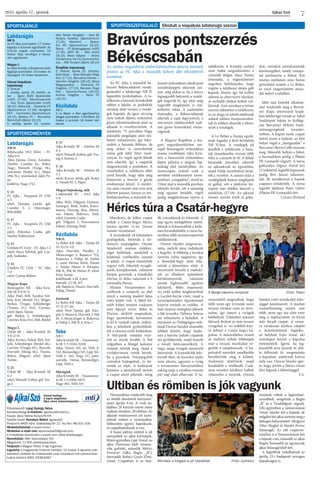 Ajkai Szó2015. április 17., péntek
7
Az FC Ajka a második he-
lyezett Békéscsabánál vendé-
geskedett a labdarúgó NB II.
legutóbbi fordulójában. A ta-
lálkozón a hazaiak birtokolták
többet a labdát, és próbálták
nyomás alatt tartani a vendé-
gek kapuját, de igazi ziccerig
nem tudtak eljutni, miközben
gyors ellentámadások után az
ajkaiak is veszélyeztettek. A
mérkőzés 75. percében Nagy
második sárgalapja után me-
hetett zuhanyozni, így foko-
zódott a hazaiak fölénye, de
még ekkor is szerezhettek
volna gólt Jákli Péter tanít-
ványai. Ez végül egyik félnek
sem sikerült, így a csapatok
megosztoztak a pontokon. A
vezetőedző a találkozó előtt
arról beszélt, hogy idén még
hiányzott a bravúr a gárda
eredményei közül. A mérkő-
zés után viszont már erre sem
lehetett panasz, hiszen az em-
berhátrányban, a második he-
lyezett otthonában rabolt pont
mindenképpen sikernek szá-
mít, még akkor is, ha a meccs
legnagyobb helyzetét a vendé-
gek hagyták ki, így akár még
nagyobb meglepetés is szü-
lethetett volna. A szakember
elmondta, a Békéscsabának
sikerült a saját fegyverével, a
szervezett védekezésből indí-
tott gyors kontrákkal vissza-
vágniuk.
A Magyar Kupában a me-
gyei negyedosztályban sze-
replő Borsosgyőr otthonában
simán továbbjutó Ajka Kris-
tály a listavezető otthonában
lépett pályára a megyei baj-
nokság első osztályában. Az
összecsapás ezúttal csak a
nevében emlékeztetett szom-
szédvári „rangadóra”, mivel az
Úrkút már a második percben
előnybe került, sőt a szünetig
még egyszer betalált, végül
pedig magabiztosan nyerte a
találkozót. A Kristály ezúttal
nem tudta megnehezíteni a
címvédő dolgát. Sipos Tamás
elmondta, a végeredményt
nagyban befolyásolta, hogy
rögtön a találkozó elején gólt
kaptak, hiszen így fel kellett
adniuk az eltervezett taktikát,
és nyíltabb játékot kellett vál-
lalniuk. Ami azonban a tréner
szerint eldöntötte a találkozót,
az az, hogy az úrkúti játékosok
sokkal jobban összpontosítot-
tak és jobban akarták a sikert,
mint a vendégek.
A Le Belier a Tarján együt-
tesét fogadta a férfi kézilabda
NB II-ben. A vendégek jól
kezdték a találkozót, a haza-
iak támadásaiba viszont több
hiba is csúszott (6-9). A félidő
húszadik percében sikerült
az ajkaiaknak az egyenlítés,
majd Fülöp vezérletével átvet-
ték a vezetést. A szünet után a
vendéglátók hamar megléptek
öt góllal, sőt a játékrész kö-
zepére már eldőlni látszott a
mérkőzés (27-19). Az ajkaiak
tetszés szerint érték el gólja-
ikat, remekül szórakoztatták
közönségüket, amely vastaps-
sal jutalmazta a fiúkat. Két
vesztes mérkőzés után biztos
győzelmet aratott a Le Belier,
és ezzel megerősítette máso-
dik helyét a tabellán.
Idén már hetedik alkalom-
mal rendezték meg a Bercsé-
nyi Kupa elnevezésű kispá-
lyás labdarúgó tornát az Ajkai
Szakképző Iskola és Kollégi-
um Bercsényi Miklós Intéz-
ményegységének tornater-
mében. A kupán nyolc csapat
mérte össze a tudását, az első
helyet végül a „házigazdák” a
Bercsényi-Retro Caffé szerezte
meg. Második helyen a Joker,
a harmadikon pedig a Platán
FK Leonardó végzett. A torna
gólkirálya Vágner Patrik lett
12 találattal, legjobb kapusnak
pedig Bíró Jánost választot-
ták, ők mindketten a bajnok
csapatot erősítették. A torna
legjobb játékosa Ihász Gábor
(Platán FK Leonardó) lett.
Csicsics Richárd
Labdarúgás
NB II.
Békéscsaba 1912 Előre – FC
Ajka 0-0
Ajka: Jánosa, Zsirai, Asztalos,
Zámbó, Csordás Sz., Köles,
Nagy, Németh (Varga 58.),
Sowunmi (Szabó 61.), Major
(Pál 76.), vezetőedző: Jákli Pé-
ter
kiállítva: Nagy (75.)
U 21
FC Ajka – Veszprém FC USE
4-5
edző: Domján László, gól:
Csordás S. 2, Meiczinger,
Bölcsföldi
U 17
FC Ajka – Veszprém FC USE
2-2
edző: Polonkai Csaba, gól:
Szarka, Kökényessy
U 15
Üstökös FC Győr – FC Ajka 1-2
edző: Svecz Edvárd, gól: Cze-
pek, Szabados
U 14
Üstökös FC Győr – FC Ajka
7-0
edző: Cserna Róbert
Magyar Kupa
Borsosgyőri ISE – Ajka Kris-
tály SE 0-8 (0-2)
Ajka: Padi, Réfi, Kardos, Szé-
kely, Kiss (Benkő 53.), Móger,
Berkes, Üveges, Schönberger
(Traista 53.), Feri, Csertán,
edző: Sipos Tamás
gól: Berkes 2, Schönberger,
Csertán, Kiss, Feri, Réfi, Benkő
Megye I.
Úrkút SK – Ajka Kristály SE
3-0 (2-0)
Ajka: Kovács, Falusi, Réfi, Szé-
kely, Schönberger (Benkő 46.),
Csertán (Üveges 65.), Burcsik,
Horváth (Mong 46.), Traista,
Bakos, Magyar, edző: Sipos
Tamás
U 21
Úrkút SK – Ajka Kristály SE
6-2
edző: Németh Zoltán, gól: Var-
ga 2
U 17
Ajka Kristály SE – Alsóörs SE
6-2
edző: Németh Zoltán, gól: Vas-
tag 4, Kozma 2
U 14
Ajka Kristály SE – Alsóörs SE
5-2
edző: Kocsis Attila, gól: Kotsy
2, Váradi M. 2, Pápai
Megyei bajnokság, nők
Csabrendek FC – NLC Ajka
1-6
Ajka: Hidi, Tölgyesi, Gyenese,
Somogyi, Bódi, Szabó, Korcs-
máros, Hannig, Boa, Mészá-
ros, Fekete, Belovics, Tóth,
edző: Gyenese Csaba
gól: Tölgyesi 2, Korcsmáros,
Fekete, Hannig, Bódi
Kézilabda
NB II.
Le Belier-KK Ajka – Tarján SE
32-25 (15-12)
Ajka: Horváth, Pavelka 2,
Meinczinger 2, Bajnóczi 7(2),
Bukovics 1, Fülöp 10, Zeitler
2, csere: Heizer, Körli, Tömör
2, Szalay, Huszti 6, Klespitz,
Pék B., Pék M. Heizer P., edző:
Poór Tamás
kiállítások: 4 ill. 4 perc
hetesek: 2/2 ill. 4/3
jók: Bajnóczi, Huszti, Horváth,
Fülöp, Tömör
Juniorok
Le Belier-KK Ajka – Tarján SE
37-32 (17-16)
edző: Poór Tamás, gól: Kles-
pitz 3, Heizer 6, Horváth 3, Pék
M. 5, Meinczinger 4, Bukovics
6, Fülöp 3, Pék B. 6, Kiss 1
Teke
NB I.
Ajka Kristály SE – Vasasszony-
fa SE 5-3 (3244-3244)
Ajka: Városi 532, dr. Tóth Z.
542, Rózsavölgyi 547, Lipp 561,
Tóth L. 545, Nagy 517, pont-
szerzők: Városi, Rózsavölgyi,
Lipp, Tóth L.
Ifjúságiak
Ajka Kristály SE – Vasasszony-
fa SE 1-3 (1006-1015)
Nagy 492, Tóth 514
SPORTÖSSZEFOGLALÓ Elindult a kispályás labdarúgó szezon
Bravúros pontszerzés
Békéscsabán
Hérics túra a Csatár-hegyre
Ultiban és römiben is jók vagyunk
SPORTAJÁNLÓ
SPORTEREDMÉNYEK
Labdarúgás
NB II.
Az FC Ajka szombaton 17 órakor
fogadja a Szolnok együttesét. Az
U15-ös csapat szombaton 10
órakor látja vendégül a Veszp-
rém együttesét.
Megye I.
Az Ajka Kristály a Balatonalmádit
fogadja szombaton 16 órakor. Az
ifjúságiak 14 órakor kezdenek.
Városi kispályás
bajnokság
2. forduló
I. osztály, április 20 (hétfő): Jo-
ker – Sport Büfé Ajkarendek
(műfű 17.00), Teka-Szuperinfo
– Viva Tours Ajkarendek (műfű
18.15), Delta-Cat – Tarantula FC
(Sportcentrum 17.00), Hungária
KFC – Unimontex (Sportcentrum
18.15), Bakony FC – Bercsényi
Retró-Café (Bánki 18.15)
II. osztály, április 23. (csütör-
tök): Seidel Hungária – Ajka SE
Kovács Autóház (Sportcentrum
17.00), Hőerőmű – Bolero-
A.E. Kft. (Sportcentrum 18.15),
Roma – FC Bakonygyepes (műfű
17.00), AVÉP SC – MGI (műfű
18.15), Brazil Gépsor – Vávisz
(Vörösmarty 18.15), Euronics-Pul-
zus – ASE Tandem (Bánki 18.15)
Öregfiúk bajnokság
2. forduló, április 22. (szerda):
Gold Boys – Ajkai Bányász Öreg-
fiúk (17.15), Bercsényi-Kontex –
Vas-Fém Öregfiúk (18.15), Brixol
Magyarpolány – Tarantula FC
Öregfiúk (17.15), Rendeki Öreg-
fiúk – Euronics-Pulzus (18.15),
Kórház Öregfiúk – Retro FC
(18.15)
Kézilabda
NB II.
A Le Belier a Hort együtteséhez
látogat szombaton. A felnőttek 16
órakor, a juniorok 18 órakor kez-
denek.
Főszerkesztő: Láng György Géza.
Szerkesztőségi e-mailcím: ajkaiszo@invitel.hu.
Kiadja: Ajkai Média Nonprofit Kft.
Felelős kiadó: Kerekes Bálint ügyvezető.
Postacím: 8400 Ajka, Szabadság tér 12. Tel./fax: 88/521-100.
Hirdetésfelvétel a kiadó címén.
Hirdetési e-mail cím: ajkaimediakft@gmail.com.
A hirdetések tartalmáért a kiadó nem vállal felelősséget.
Nyomtatás: Oláh Nyomdaipari Kft.
Megjelenik 12 600 példányszámban.
Terjeszti a Magyar Posta. A lap ingyenes.
Lapzárta a megjelenés hetének hétfőjén 12 órakor. A lapzárta után
beérkező cikkeket és hirdetéseket csak következő heti számunkban
tudjuk közölni! ISSN: 0238-6267
Városi hetilap.
A lapot alapította
Ajka város önkormányzata.
Az utolsó negyedórát emberhátrányban játszva mentett
pontot az FC Ajka a második helyen álló ellenfelével
szemben.
Maroknyi, de lelkes csapat
indult a Csatár-hegyi Hérics
túrára április 11-én Ozorai
Sándor vezetésével.
A kirándulók 18 kilométert
gyalogoltak, fotózták a ter-
mészeti szépségeket, Ozorai
Sándortól számos érdekes-
séget hallottak, amelyből a
kilátónál vetélkedőn számot
is adtak. A csapat összetétele
vegyes volt, érkeztek nyugdí-
jasok, középkorúak, valamint
hárpm gyermek, a kisiskolás
Dorina és Réka valamint a 6
esztendős Panna.
Miután Veszprémben le-
szálltunk a vonatról, az első
úticél a nemrég átadott Jutas
vitéz kilátó volt. A fából ké-
szült kilátó tetejére csaknem
száz lépcső vezet. Réka és
Dorina, akiktől megtudtuk,
hogy sportolnak, háromszor
is fel-le szaladt rajtuk, miköz-
ben a felnőttek gyönyörköd-
tek a városra nyíló kilátásban.
A Séd-patak vonalán veze-
tett az utunk tovább. A Séd
völgyében a Margit kolostor
romjait néztük meg, majd a
vizilabirintust vették birtok-
ba a gyerekek. Vonatjegyből
csónakot hajtogattak, és kö-
vették az útját. A kislányok
kérésére a játszótérnél tartott
a csapat némi pihenőt, amíg
ők csúszdáztak és másztak. A
nap egyre melegebben sütött.
Mások is kihasználták a kelle-
mes kirándulóidőt, a város ha-
tárában több turistacsoporttal
találkoztunk.
Ozorai Sándor megszavaz-
tatta, melyik úton induljunk
a hegybe. A többség a tavakat
szerette volna megnézni, így
a Benedek-hegy alatt foly-
tattuk a kényelmes sétát. A
túravezető beszélt a viadukt-
ról, az állatkert építésének
körülményeiről, valamint
annak leghíresebb egykori
lakójáról, Böbe majomról.
Az erdő szélén megkóstoltuk
a Laczkó-forrás vizét, majd a
turistajelzéseket figyelemmel
kísérve értünk az erdőbe. A
már nyárias melegben jólesett
a fák árnyéka. Néhány helyen
sár nehezítette a haladást. A
tisztáson az Ördögrágta-szik-
lánál Ozorai Sándor elmesélte
többek között, hogy hajda-
nán a harcba induló csapatok
ott gyülekeztek, majd beszélt
a közeli héricsmezőkről. A
nagy, sárga virágok messziről
látszottak. A kirándulók lefo-
tózták őket, de leszedni senki
nem akarta, ugyanis a virág
a természetes környezetében
sokáig szép, a vázában viszont
pár nap alatt elhervad. A tú-
ravezetőtől megtudtuk, hogy
több mint egy évtizede vezet
tavaszi túrákat ezen az útvo-
nalon, így ismeri a virágok
lelőhelyeit. Útközben sokszor
láttunk ibolyát és más tavaszi
virágokat is. Az erdőből kiér-
ve feltünt a Csatár-hegyi ká-
polna. A műemlékhez vezető
út melletti telkek többségén
már a tavaszi munkákat vé-
gezték a tulajdonosok. A ká-
polnától meredek emelkedőn
közelítettük meg a kilátót.
Szalonnát sütöttünk, majd
kezdődött a vetélkedő. Csak-
nem minden kérdésre tudtak
válaszolni a túrázók. Ozorai
Sándor ezért mindenkit édes-
séggel jutalmazott. A márkói
vasútállomásig vezető utat
több, mint egy óra alatt tette
meg a napbarnított és kicsit
már fáradt csapat. A vonat-
ra várakozás közben odajött
a helytörténettel foglalko-
zó helybeli Vojts Antal, aki
szórólapot hozott a kápolna
történetéről. Ígérte, ha leg-
közelebb arra járunk és előt-
te felhívjuk őt, megmutatja
a kápolnát, amelynek kulcsa
nála van. Ozorai Sándor ígér-
te, hogy jövőre a Hérics túrán
élni fogunk a lehetőséggel.
T.A.
Városunkban rendezték meg
az ötödik dunántúli kártyaver-
senyt április 9-én. A vmk au-
lájában 20 kártyás mérte össze
tudását römiben, 28 ultiban. Az
ajkaiak rendszeresen jól szere-
pelnek ezeken a versenyeken,
többszörös egyéni bajnokunk,
és csapatbajnokunk is van.
A hazai pályán ezúttal is jól
szerepeltek az ajkai kártyások.
Römi egyéniben Lipp Vencel, az
ajkai Őszirózsa klub verseny-
zője győzött, második Móricz
Ferencné (Ajka Regős „B”),
harmadik Babócs Gyula (Őszi-
rózsa). Csapatban is az őszi-
rózsások voltak a legeredmé-
nyesebbek, mögöttük a Regős
„B” és a Timföldgyár végzett.
Ulti egyéniben a nemesvámosi
Timár Sándor lett a bajnok, de
mögöttekétajkaiszereztemega
dobogós helyezéseket: Medgyesi
Tibor (Regős) és Sándor Ferenc
(Smaragd). Az ulti csapatver-
senyben is a Nemesvámosé lett
a bajnoki cím, második az ajkai
Regős, harmadik az ugyancsak
ajkai Smaragd klub lett.
A legjobbak indulhatnak az
április 23-i budapesti országos
bajnokságon is.
A Margit kápolna romjainál (Fotó: Tisler)
Römiben a hölgyek is jól helytálltak (Fotó: Györkös)
 