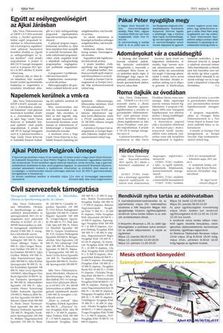 Ajkai Szó 2015. május 8., péntek
4
Együtt az esélyegyenlőségért
az Ajkai Járásban
Napelemek kerülnek a vmk-ra Roma dajkák az óvodában
Adományokat vár a családsegítő
Hirdetmény
Civil szervezetek támogatása
Ajkai Pöttöm Polgárok Ünnepe
A Gyermeknap keretében május 31-én (vasárnap) 15 órakor tartjuk a Nagy László Városi Könyvtár
és Szabadidő Központban az Ajkai Pöttöm Polgárok Ünnepe elnevezésű nagyszabású esemény
idei rendezvényét. Ennek keretében egyedi diplomát készítünk, amely tanúsítja, hogy a gyermek
születésének tiszteletére őt Ajka város polgárává fogadjuk. Az eseményről fényképet készítünk,
amellyel kedveskedni kívánunk a családoknak. Amennyiben az érintettek részt vesznek az
ünnepségen, a kézlenyomattal készült különleges diplomán kívül 30 000 Ft gyermekszületési
támogatásban is részesülnek.
Az érintett családokat levélben is értesítjük május 12-e után az ünnepséggel kapcsolatos
részletekről. Schwartz Béla, Ajka város polgármestere
Ajka Város Önkormány-
zata Képviselő-testülete
2015. április 29-i ülésén a
következő rendeleteket al-
kotta:
14/2015. (V.04.) rende-
lete a közösségi együttélés
alapvető szabályairól, va-
lamint ezek elmulasztása,
megszegése jogkövetkez-
ményeiről
15/2015. (V.04.) rendelete
a lakó-, és egyéb épületek,
építmények, felújításának,
korszerűsítésének támoga-
tásáról
16/2015. (V.04.) rendelete
a közterületek használatáról
17/2015. (V.04.) rendelete
a 2014. évi zárszámadásról
Kihirdetés napja: 2015. má-
jus 4.
A rendeletek hiteles szö-
vege az Ajkai Közös Önkor-
mányzati Hivatalban meg-
tekinthető.
Dr. Jáger László
címzetes főjegyző
Ajka Város Önkormány-
zata Művelődési, Oktatási
és Sportbizottsága az ajkai
székhelyű közművelődési és
sportegyesületek 2015. évi tá-
mogatására kiírt pályázatot
elbírálta, és 42/2015. (IV. 28 )
MOSB határozatában az aláb-
bi támogatások odaítéléséről
döntött 8 000 000 Ft összeg-
ben a következők szerint:
Ajka Városi Amatőr Schnur
Sakkegylet 500 000 Ft, Ajka
Városi Idősügyi Tanács 30
000 Ft, Ajka-Csingeri Boros-
tyán Férfikar 250 000 Ft, Aj-
kai Fotóklub 300 000 Ft, Ajkai
Grafikai Műhely 450 000 Ft,
Ajkai Képzőművészeti Egye-
sület 400 000 Ft, Ajkai Kórház
Sportegyesület 80 000 Ft, Aj-
kai Kosárlabda Egyesület 100
000 Ft, Ajkai Lovas Egyesület
150000Ft,AjkaiMagyar-Finn
Baráti Egyesület 50 000 Ft, Aj-
kai Trampolin Sportegyesü-
let 500 000 Ft, Ajkarendekért
Egyesület 150 000 Ft, Ajka-
rendeki Német Nemzetiségi
Dalkör Kulturális Egyesület
250 000 Ft, Babucsa-dülői Ba-
ráti Kör Egyesület 150 000 Ft,
Bakonyi Tájfutó Klub 300 000
Ft, Bánki Donát Természet-
barát Egyesület 200 000 Ft,
Bányász Kulturális Egyesület
250 000 Ft, BingAjka Kerék-
páros Sportegyesület 200 000
Ft, Bódéért Hagyományőrző
Egyesület 250 000 Ft, Boxer
SE. 250 000 Ft, Cantabile Ve-
gyeskar Egyesület 150 000
Ft, Civil Fórum Padragkútért
Egyesület 250 000 Ft, Csékúti
Hegyért Egyesület 100 000
Ft, Csingervölgyért Egyesü-
let 200 000 Ft, F.T. Diák Judo
Club Ajka 650 000 Ft, Fekete
Ló Floorball Egyesület 100
000 Ft, Gyepesi Asztalitenisz
SE. 0 Ft, Gyepesi Örökségünk
Egyesület 200 000 Ft, Mozgás-
sérültek Ajkai Egyesülete 150
000 Ft, Női Labdarúgó Club
Ajka 280 000 Ft, Reneszánsz
Egyesület 70 000 Ft, Röpisu-
li Sportegyesület 200 000 Ft,
Szent Cecília Kórus Egyesület
150 000 Ft, Tósokberéndért
Egyesület 400 000 Ft, TovaFu-
tók Sportegyesület 290 000 Ft
Ajka Város Önkormányza-
tának Művelődési, Oktatási és
Sportbizottsága a helyi nyug-
díjas klubok 2015. évi támoga-
tására kiírt pályázatot elbírál-
ta, és 43/2015. (IV. 28.) MOSB
határozatában az alábbi támo-
gatások odaítéléséről döntött
2 600 000 Ft összegben a kö-
vetkezők szerint:
„Életet az éveknek” Ajkai
Nyugdíjas Klubok Egyesülete
100 000 Ft , „Őszirózsa” Vá-
rosi Nyugdíjas Klub Ajka 90
000 Ft + 30 000 Ft alaptám.,
Ajkai Diabetes Klub 100 000
Ft + 27 000 Ft alaptám., Ajkai
Látássérült Nyugdíjas Klub
100 000 Ft + 15 000 Ft alap-
tám., Bánkis Természetjárók
Nyugdíjas Klubja 100 000 Ft
+ 37 000 Ft alaptám., Bányász
Hagyományápoló Nyugdí-
jas Klub 71 000 Ft + 29 000
Ft alaptám., Dália Nyugdíjas
Klub Ajkarendek 100 000 Ft +
34 000 Ft alaptám., Egészség-
ügyi Nyugdíjas Klub 100 000
Ft + 41 000 Ft alaptám., Gye-
pesi Örökség Nyugdíjas Klub
100 000 Ft + 48 000 Ft alap-
tám., Hagyományőrző Regös
Nyugdíjas Klub 130 000 Ft +
41.130 Ft alaptám., Jó Szeren-
csét Nyugdíjas Klub 100 000
Ft + 24 000 Ft alaptám., Lila
Akác Nyugdíjas Klub 120 000
Ft + 31 000 Ft alaptám., Moz-
gássérültek Klubja 60 000 Ft +
21 000 Ft alaptám., Nosztalgia
Nyugdíjas Klub 130 000 Ft +
32 000 Ft alaptám., Nyugdíjas
Baráti Kör 30 000 Ft + 19 000
Ft alaptám., Orchidea Nyug-
díjas Klub 100 000 Ft + 19 000
Ft alaptám., Önkormányzati
Nyugdíjas Klub 80 000 Ft + 27
000 Ft alaptám., Padragi Bá-
nyász Hagyományőrző Kör 50
000 Ft + 36 000 Ft alaptám.,
Pedagógus Nyugdíjas Klub 70
000 Ft + 21 000 Ft alaptám.,
Timföldgyári Nyugdíjas Klub
70 000 Ft + 16 000 Ft alap-
tám., Tűzoltó Nyugdíjas Klub
50 000 Ft + 17 000 Ft alaptám.,
Üveges Nyugdíjas Klub 79 000
Ft + 21 000 Ft alaptám., VGV
Nyugdíjas Klub 70 000 Ft +14
000 Ft alaptám.
Támogatások odaítéléséről döntött a Művelődési,
Oktatási és Sportbizottság április 28-i ülésén.
Ajka Város Önkormányzata
az ÁROP-1.A.3-2014 azonosító
számú, a „Területi együttmű-
ködést segítő programok ki-
alakítása az önkormányzatok-
nál a konvergencia régiókban”
című pályázati konstrukció
keretében elindítja az „Együtt
az esélyegyenlőségért az Aj-
kai Járásban!” című projekt
megvalósítását. A projekt 21
800 220 Ft összegű támogatást
nyert el. A program 2015. ápri-
lis 1. és 2015. október 31. között
valósul meg.
A pályázat célja, az Ajkai Já-
rás települései, helyi szereplői
közötti területi együttműködés
kialakítása és megerősítése a
társadalmi felzárkózást előse-
gítő és a helyi esélyegyenlőségi
programok végrehajtásához
kapcsoló koordináció megvaló-
sításával.
A pályázati program megva-
lósításának keretében az Ajkai
Járás települései helyi szereplők
és szakértők bevonásával elké-
szítik esélyteremtő programter-
vüket, amely megoldást kínál
a települések esélyegyenlőségi
programjaiban megfogalma-
zott problémák megszünteté-
sére.
A programterv 5 problémate-
rület köré koncentrál:
Foglalkoztatás, munkaerőpi-
aci pozíciók javítása,
Mélyszegénységben élő gyer-
mekes családok helyzetét javító
szolgáltatásokhoz való hozzáfé-
rés javítása,
Az iskolai teljesítmény és
készségekjavításához szükséges
szolgáltatásokhoz való hozzáfé-
rés növelése,
Időskorúak ellátása, közbiz-
tonság javítása, biztonságérze-
tük növelése,
Fogyatékkal élők foglalkozta-
tási helyzetének javítása.
A projekt keretében „Esély-
egyenlőségi nap bátorságpróbá-
val”, „Óriásplakát kiállítás”, kon-
ferencia és kisebb egyéb rendezvé-
nyek lebonyolítására is sor kerül.
A projekt az Európai Unió tá-
mogatásával, az Európai Szoci-
ális Alap társfinanszírozásával
valósul meg.
Ajka Város Önkormányzata
KEOP-4.10.0/N azonosító szá-
mú, a „Fotovoltaikus rendsze-
rek kialakítása” című pályázati
konstrukció keretében elindít-
ja a „Fotovoltaikus fejlesztés
az ajkai Nagy László Városi
Könyvtár és Szabadidő Köz-
pont épületén” című projekt
megvalósítását. A projekt 36
448 297 Ft összegű támogatást
nyert el. A pályázat keretében a
Nagy László Városi Könyvtár
és Szabadidő Központ Szabad-
ság téri épületére szerelnek fel
napelemeket.
Weiz testvérvárosban már
évek óta hasznosítják a nap-
energiát. Ajka városában ez
lehet az első nagyobb, meg-
újuló energiát hasznosító ön-
kormányzati beruházás, amely
mutatja az önkormányzat el-
kötelezettségét a fenntartható
városfejlesztés irányába.
A beruházás révén a Nagy
László Városi Könyvtár és Sza-
badidő Központ Szabadság téri
épületének villamosenergia-
felhasználása jelentősen, közel
30%-kal csökkenthető.
A felújítás során 50 kW csat-
lakozási teljesítményű nap-
elem kerül elhelyezésre, amely
a PVGIS számítások szerint
56 700 kWh villamos energiát
termel évente.
A projekt az Európai Unió tá-
mogatásával, az Európai Regio-
nális Fejlesztési Alapból társfi-
nanszírozásával valósul meg.
Ajka Város Önkormány-
zata TÁMOP-5.3.1-B-2-12/2
azonosító számú, a „Roma
emberek képzésbe ágyazott
foglalkoztatása a szociális és
gyermekjóléti ellátórendszer-
ben” című pályázati konst-
rukció keretében elindítja a
„Roma foglalkoztatás az Ajka
Városi Óvodában” című pro-
jekt megvalósítását. A projekt
4 759 132 Ft összegű támoga-
tást nyert el.
A pályázat keretében az Ön-
kormányzat az Ajka Városi
Óvodában három roma nem-
zetiségű, dajka végzettségű
asszony számára biztosít fog-
lalkoztatást. A program 6 hó-
napos 100%-osan támogatott
foglalkoztatást tesz lehetővé,
amihez 1 hónap továbbfoglal-
koztatás kapcsolódik.
A konstrukció alapvető
célja a társadalmi előítélettel
és munkaerő-piaci diszkri-
minációval küzdő munka-
nélküli roma emberek, első-
sorban roma nők társadalmi
befogadásának és foglakoz-
tatásának javítása, a szociális
és gyermekjóléti ellátórend-
szer intézményeiben történő
foglalkoztatásuk támogatá-
sával.
A program megvalósítá-
sában az Országos Roma
Önkormányzattal és a Türr
István Képző és Kutató Inté-
zettel működik közre az ön-
kormányzat.
A projekt az Európai Unió 
támogatásával, az Európai
Szociális Alap társfinanszíro-
zásával valósul meg.
A személyijövedelemadó-bevallás és az
szja-befizetés május 20-i határidejéhez
közeledve a NAV Veszprém Megyei Adó-
igazgatósága központi ügyfélszolgálatán
rendkívüli nyitva tartási időben is az adó-
zók rendelkezésére állnak.
A Veszprém, Brusznyai u. 26. sz. alatti ügy-
félszolgálaton a szokásos nyitva tartáson
túl az alábbi időpontokban is várják az
ügyfeleket:
Május 13. (szerda) 08.00-14.00
Május 14. (csütörtök) 12.00-18.00
Május 15. (péntek) 11.00-16.00
Május 19. (kedd) 12.00-18.00
Május 20. (szerda) 08.00-14.00
Az ajkai ügyfélszolgálati kirendeltség
május 19-én, kedden tart rendkívüli
ügyfélszolgálatot 8.00-12.00 és 13.00-
15.00 óra között.
A rendkívüli nyitva tartási időben intéz-
hető ügyek: bevallás benyújtása, csekk
igénylése, tájékoztatáskérés, bankkártyás
befizetés, ügyfélkapu-regisztráció.
Az Általános Tájékoztató Rendszer május
13-tól május 20-ig 8.30-tól 18.00 óráig,
május 15-én, pénteken 8.30-tól 16.00
óráig fogadja az ügyfelek hívását.
Rendkívüli nyitva tartás az adóhivatalban
A Magyar Közút Nonprofit Zrt.
Ajkai Üzemmérnökségének
vezetője, Pákai Péter, negyven
munkában töltött éve után kérte
nyugdíjazását. Utóda Tima Fe-
renc lett.
Az üzemmérnökség új vezetője
Ajkán él, de az utóbbi nyolc év-
benBudapestendolgozottaKöz-
lekedésfejlesztési Koordinációs
Központnál. Örömmel fogadta
a lehetőséget, hogy a Közútnál
Ajkán kapott munkalehetőséget,
így nem kell ingáznia. Ismerkedik
az üzemmérnökséghez tartozó
közutak állapotával és igyekszik
mindent megtenni annak érde-
kében, hogy zökkenőmentes le-
gyen a váltás. Pákai Péter pedig
nyugdíjasként sem fog unatkoz-
ni, hiszen önkormányzati képvi-
selőként eddig is szívesen vállalt
feladatokat, ő a gazdasági és vá-
rosfejlesztési bizottság elnöke is.
Pákai Péter nyugdíjba megy
A lakosság által felajánlott
használt ruhákból, játékok-
ból, háztartási eszközökből
válogathattak a rászorulók a
családsegítő Móra Ferenc ut-
cai épületében április végén. A
lehetőséggel, hogy ingyen fel-
újíthatják ruhatárukat, szerez-
hetnek gyermekeiknek játékot,
könyvet, sokan éltek.
Gasztonyi Ágota vezető csa-
ládgondozó kérdésünkre el-
mondta, hogy havonta tarta-
nak adományosztást, amelyre
bárki mehet, aki rászorulónak
érzi magát. A lakossági adomá-
nyokat is várják, nyitva tartási
időben bármikor. Minden év-
szakban szükség van jó állapo-
tú gyermek- és felnőttruhára,
háztartási eszközökre, a már
elolvasott könyvek és újságok
is sokaknak szereznek örömet.
Néha bútorfelajánlás is érkezik,
amit hely hiányában nem tud-
ják tárolni, így ekkor a gondo-
zottjaik közül választják ki azt,
akinek szüksége van rá, és segí-
tenek a felajánlóval a kapcsolat
felvételében. T.A.
 