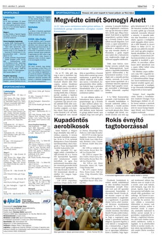 Ajkai Szó2015. október 2., péntek
7
Labdarúgás
Magyar Kupa
Rákosmenti KSK – FC Ajka 2-3
(1-1)
Ajka: Jánosa, Pál, Nagy, Zámbó,
Pesti, Besztercei, Sándor, Pavlitz-
ky, Bölcsföldi (Major 62.), Olasz,
Vittman, vezetőedző: Jákli Péter
gól: Besztercei (8., 82., 87.)
NB II.
FC Ajka – BFC Siófok 2-1 (0-0)
Ajka: Gőcze, Zsirai, Kovács, Csá-
szár, Zámbó, Horváth, Gunther,
Besztercei (Major 46.), Lattenstein
(Pavlitzky 66.), Stieber (Nagy 73.),
Sowunmi, vezetőedző: Jákli Péter
gól: Gunther (59.), Major (89.)
U 19
Andráshida LSC – FC Ajka 0-5
edző: Domján László, gól: Szarka
3, Ambrus, Lukács
U 17
Andráshida LSC – FC Ajka 2-4
edző: Polonkai Csaba, gól: Szaba-
dos 2, Král, Ványik
U 15
FC Ajka – ZTE Akadémia 0-7
edző: Svecz Edvárd
U 14
FC Ajka – ZTE Akadémia 0-7
edző: Zsidó András
Megye I.
Devecser SE – Ajka Kristály SE
1-0 (0-0)
Ajka: Kovács Ko., Móger (Hor-
váth D. 84.), Bakos, Horváth L.,
Kardos, Üveges, Szabó, Krén,
Schönberger (Sipos 69.), Kovács
Ká., Falusi (Osvald 46.), edző: Si-
pos Tamás
U 19
Devecser SE – Ajka Kristály SE
3-1
edző: Németh Zoltán, gól: Varga
U 16
Devecser SE – Ajka Kristály SE
5-3
edző: Kocsis Attila, gól: Váradi 3
SK Ajka Padragkút – Ugod SE
0-10
edző: Karika Rudolf
U 14
Sümeg VSE – Ajka Kristály SE 0-2
edző: Kocsis Attila, gól: Ruttner,
Galler
FC Ajka – Veszprém FC USE 0-1
edző: Polonkai Csaba
SK Ajka Padragkút – Balatonfüre-
di FC 1-6
edző: Karika Rudolf, gól: Horváth
A.
Megyei bajnokság, nők
NLC-Ajka – Bakonynána SK 1-2
(1-1)
Ajka: Hidi, Hannig, Szabó, Tóth,
Tölgyesi, Bódi, Somogyi, Iványi,
Laczkó, csere: Lajtos, Boa, Bog-
dán, Simon, edző: Gyenese Csaba
gól: Laczkó
Városi kispályás bajnokság
Teka-Szuperinfo – Joker 6-4,
Sport Büfé Ajkarendek – Viva
Tours Ajkarendek 5-7, Gépállat
SC – Delta-Cat 5-3, Bercsényi Ret-
ro Caffé – Bakony FC 3-9
Kézilabda
NB II.
Komáromi VSE – Le Belier-KK
Ajka 31-27 (13-12)
Ajka: Heizer, Majdanics 2, Pavel-
ka 4, Tömör 2, Bajnóczi 4, Fülöp
2, Pék B., csere: Horváth, Körli,
Erőss 1, Huszti 2, Meinczinger 5,
Zeitler 4(2), Ignácz 1, Bukovics,
Heizer, edző: Poór Tamás
kiállítások: 10 ill. 4 perc
hetesek: 6/6 ill. 5/3
jók: Tömör, Pavelka, Meinczinger
Juniorok
Komáromi VSE – Le Belier-KK
Ajka 17-18 (9-6)
edző: Poór Tamás, gól: Heizer 7,
Horváth 2, Klespitz 1, Kiss 5, Pék
M. 3
Teke
NB I.
Csákánydoroszló TE – Ajka Kris-
tály SE 3-5 (3441-3450)
Kristály: Nagy 572, Rózsavölgyi
573, Lipp 572, dr. Tóth Z. 558,
Városi 588,, Tóth L. 587, pontszer-
zők: Nagy, Városi, Tóth L.
Ifjúságiak
Csákánydoroszló TE – Ajka Kris-
tály SE 0-4 (1002-1100)
Nagy 540, Tóth 560
SPORTÖSSZEFOGLALÓ Hosszú idő után kapott ki hazai pályán az NLC-Ajka
Megvédte címét Somogyi Anett
SPORTAJÁNLÓ
SPORTEREDMÉNYEK
Labdarúgás
NB II.
Az FC Ajka szombaton 15 órakor
lép pályára Szigetszentmiklóson.
Az U19-es gárda pénteken 16 óra-
kor, az U 17-es 18 órakor fogadja a
Pápa ’B’ csapatát.
Megye I.
Az Ajka Kristály a Tapolcát fogadja
szombaton 15.30-kor. Az ifjúságiak
13.30-kor kezdenek.
Városi kispályás bajnokság
I. osztály, hétfő: Teka-Szuperinfo –
Hungária KFC (műfű 16.00), Joker
– Sport Büfé Ajkarendek (sport-
centrum 17.15), Bakony FC – Uni-
montex (műfű 17.15), Gépállat SC
– Tarantula FC (Vörösmarty 17.15),
Bercsényi-Retro Caffé – Delta-Cat
(Bánki 17.15)
II. osztály, csütörtök: Poppe-Potthoff
– Seidel Hungária (műfű 16.00),
MGI – Euronics-Pulzus (műfű
17.15),BoleroA.E.Kft.–BrazilGép-
sor (sportcentrum 16.00), Ajka SE
Kovács Autóház – Roma SC (sport-
centrum 17.15), Vávisz – AVÉP SC
(Bánki 16.00), FC Bakonygyepes –
ASE Tandem (Bánki 17.15)
Öregfiúk bajnokság
szerda: Ajkai Bányász Öregfiúk –
Bercsényi-Kontex (16.15), Vas-Fém
Öregfiúk – Lakner Üzletház (16.15),
Retro FC – Tarantula FC Öregfiúk
(17.30), Kórház Öregfiúk – Bakony
Erőmű (16.15), Gold Boys – Rende-
ki Öregfiúk (17.30)
Kézilabda
NB II.
A Le Belier a Keszthely együttesét
fogadja szombaton 16 órakor. A ju-
niorok 18 órakor kezdenek.
XXXIII. Ajka Rajtja
Az esős időjárás miatt a tervezett-
nél egy héttel később, október 2-án,
pénteken indul városunk egyik leg-
népszerűbb sporteseményének, az
Ajka Rajtjának mezőnye a Sport-
centrumtól. A résztvevők öt korcso-
portban mérhetik össze tudásukat.
A legrövidebb táv 800 méter, a leg-
hosszabb 3400 méter. Nevezni a
helyszínen lehet 14.30-tól, megnyi-
tó és bemelegítés 15.30-kor.
Zöld túra
Két távon rendezik meg október
3-án szombaton a Zöld Túrát. A 10
km-es táv szintideje 3 óra, a 25 km-
esé 7 óra. Indítás és regisztráció 7
és 10.30 óra között a vasútállomá-
si büfénél. Az útvonalon előre meg-
határozott ellenőrző pontokat kell
érinteni a zöld-fehér szalagozáson
és a zöld sáv turistajelzésen.
Főszerkesztő: Láng György Géza.
Szerkesztőségi e-mailcím: ajkaiszo@invitel.hu.
Kiadja: Ajkai Média Nonprofit Kft.
Felelős kiadó: Kerekes Bálint ügyvezető.
Postacím: 8400 Ajka, Szabadság tér 12. Tel./fax: 88/521-100.
Hirdetésfelvétel a kiadó címén.
Hirdetési e-mail cím: ajkaimediakft@gmail.com.
A hirdetések tartalmáért a kiadó nem vállal felelősséget.
Nyomtatás: Oláh Nyomdaipari Kft.
Megjelenik 12 600 példányszámban.
Terjeszti a Magyar Posta. A lap ingyenes.
Lapzárta a megjelenés hetének hétfőjén 12 órakor. A lapzárta után
beérkező cikkeket és hirdetéseket csak következő heti számunkban
tudjuk közölni! ISSN: 0238-6267
Városi hetilap.
A lapot alapította
Ajka város önkormányzata.
Kupadöntős
aerobikosok
Rokis évnyitó
tagtoborzással
Ha az FC Ajka gólt rúg,
meg is nyeri a mérkőzést, leg-
alábbis az eddigi összecsapá-
sait tekintve. Ezért különösen
bizakodó lehetett Jákli Péter
csapata, amikor küzdelmes
első félidő után a második já-
tékrészben Gunther 22 méteres
lövésével vezetést szerzett a
vendég Siófok ellen. A Balaton-
partiak azonban a hajrában
büntetőhöz jutottak, amit ér-
tékesítettek, így elúszni látszott
a győzelem. Egy perccel a ren-
des játékidő letelte előtt azon-
ban Kovács csúsztatta tovább
Gunther szögletét, a jó ütem-
ben érkező Major pedig köz-
vetlen közelről a léc alá fejelt.
A vendégeknek nem maradt
ideje az egyenlítésre, a hazaiak
fontos sikert arattak egy szoros
mérkőzésen. A gárda két gól-
nélküli találkozó után tudott
újra nyerni. A következő, Szi-
getszentmiklós elleni találko-
zón kiderül, hogy a győzelem
felszabadulttá tette-e az ajka-
iakat, és folytatni tudják-e az
eredményes játékot.
Az esős időjárás játékra al-
kalmatlanná tette a devecseri
gyepszőnyeget, így a Kristály
az ajkai műfüves pályán ven-
dégszerepelt a megyei bajnok-
ság legutóbbi fordulójában. Az
első játékrész kevés helyzetet
és gyenge játékot hozott, nem
meglepő, hogy nem esett gól a
szünetig. A második félidőben
kissé megélénkült a mérkőzés,
már egy-két helyzetet is láthat-
tak a nézők, igaz, főleg a haza-
iaktól. Ezek közül az egyikből
megszületett a győztes találat,
így a Kristály ezúttal is pont
nélkül maradt idegenben. Geri
Gyula, a csapat szakosztályve-
zetője szerint egyenlő erők ta-
lálkoztak a mérkőzésen, amit
egy szép támadás döntött el.
Hozzátette, a gárda megint
nem tudott élni a helyzeteivel,
ami megbosszulta magát egy
tipikusan egygólos találkozón.
Több, mint kétéves veret-
lenségi sorozata szakadt meg
női labdarúgóinknak hazai
pályán, a legutóbbi fordulóban
ugyanis alulmaradtak a Ba-
konynánával szemben. A ven-
dégek már a második percben
vezetést szereztek, és Laczkó
ugyan hamar egyenlített, de a
számtalan helyzetet elpuskázó
ajkaiak végül egygólos veresé-
get szenvedtek a lehetőségeit
jobban kihasználó csapattal
szemben.
A Le Belier Komáromban
szerepelt a férfi kézilabda NB
II. második fordulójában. A
hazaiak indították jobban a
találkozót, a tízedik percben
már 6-2-re vezettek az álmo-
san kezdő ajkaiak ellen. Ekkor
a vendégek időt kértek, ren-
dezték soraikat, ami után egy
gólra felzárkóztak (8-7). A fél-
idő hátralévő részében felvált-
va estek a gólok, így a hazaiak
mehettek minimális előnnyel
a szünetre. A második játék-
rész eleje hasonlított a meccs
elejére, ugyanis a vendéglátók
ismét négygólos előnyt szerez-
tek a több büntetőt és ziccert
hibázó Le Belier (21-17). Az
ajkaiak nem adták fel a küzdel-
met, ismét egy gólra megköze-
lítették ellenfelüket (26-25), de
a hajrában a komáromiak job-
ban koncentráltak, és már nem
engedték ki kezükből a győ-
zelmet. Az enerváltan, olykor
lassan játszó ajkaiaknak ezen
a napon többet kellett volna
nyújtani a sikerhez.
Két hibátlan csapat találko-
zott a teke NB I. negyedik for-
dulójában, amikor a Kristály
a Csákánydoroszlóhoz látoga-
tott. Szoros mérkőzésen jó vég-
hajrával mindkét egyéni pon-
tot megszerezték a vendégek,
és így minimális különbséggel
megnyerték az összecsapást.
Somogyi Anett megvédte
címét, miután a Szombathe-
lyen rendezett Országos Utcai
Bajnokságon elsőként ért cél-
ba tízezer méteren a juniorok
között. A fiatal ajkai futó már a
jövő évi mezei Európa-bajnok-
ságra készül, amit Franciaor-
szágban rendeznek.
Csicsics Richárd
Az FC Ajka szoros mérkőzésen tudott győzni idehaza. A
kézilabdázók gyenge teljesítménye vereséghez vezetett
Komáromban.
Ha az FC Ajka gólt rúg, meg is nyeri a meccset (Fotó: Györkös)
Ismét bejutott a Magyar
Kupa döntőjébe Ajka több ae-
robikos csoportja. A verseny 
harmadik fordulóját szeptem-
ber 26-án és 27-én tartották
Budapesten a Vasas Folyondár
Sportközpontban, ahol a házi-
gazda a Vasas Sportegyesület
Aerobik Szakosztálya volt.
Ajka városából 9-9 egy-
séggel indult a fordulóban az
Ajka Kristály SE és a  Forma
Fitt Sportaerobik Egyesület,
ahol mindannyian szépen
helytálltak. Az egész éves 
pontszámaik összesítése alap-
ján városunk gyermekei közül
összesen nyolc egységnek, há-
rom Ajka Kristály és öt Forma
Fitt formációnak sikerült az
október 10-i magyar kupa-
döntőbe jutni!.
Akikért szurkolhatunk:
- CH UP-IV csoportban,
Gál Kata, Görgics Janka, Erdé-
lyi Hanna, Rózsavölgyi Sára,
Palkovics Adél (Ajka Kristály)
- BA UP-IV-es triók, Egerssy
Boglárka, Szimeiszter Blanka,
Pavlik Linda Lara (Ajka Kris-
tály) Barbalics Léna, Cosenti-
no Miriam, Králik Míra (For-
ma Fitt)
- BA UPII-es trióként Két-
hely Loretta, Kocsor Bori, No-
vák Lea (Forma Fitt)
- BA UPII-es csoport Bár-
dosi Violett, Fonyó Lúcia, Két-
hely Loretta, Kocsor Bori, No-
vák Lea (Forma Fitt)
- BA UPI-es trió Heiter
Dzsesszika, Jánosi Lili, Vajda
Virág (Forma Fitt)
- BA UP-I csoport Farkas
Petra, Nemes Eszter, Tóth Ad-
rienn, Virág Alexandra (Ajka
Kristály)
- SA UPI-es Női egyéni ka-
tegóriában Kocsor Nóra (For-
ma Fitt)
Ajkai gyerekek a Vasas sportcsarnokban (Fotó: Forma Fitt SE)
A bemutató foglalkozáson sokan kaptak kedvet a rokihoz
 (Fotó: Györkös)
Óvodások, kisiskolások és
szüleik nézték érdeklődéssel
az idén fennállása huszadik
évfordulóját ünneplő Dina-
mik rock and roll egyesület
táncosainak bemutatóját. A
Horváthné Baráth Piroska ál-
tal vezetett csoport az idén
tanévkezdéskor is meghirdet-
te a tagtoborzót. A gyerekek
Matán Szilvia edző vezetésé-
vel látványos mozdulatokat
mutattak be a Vörösmarty
iskola tornatermében. A kedv-
csinálót követően Horváthné
Baráth Piroska szülői értekez-
letet tartott, amelyen elmond-
ta, hogy a csapatsport meg-
tanítja a gyerekeket közösen
dolgozni, egymásra figyelni, a
rock fejleszti a mozgáskultú-
rát, a ritmusérzéket, a figyel-
met, a mozgás elengedhetet-
len az egészséges fejlődéshez.
Kérte a szülőket, hogy legye-
nek türelemmel, néhány fog-
lalkozás után ne várják el azt
a szintet, amit azok tudnak,
akik hónapok, vagy évek óta
járnak. Egyéni, hogy ki mi-
lyen gyorsan tud haladni, van,
akinek több gyakorlásra van
szüksége. Aki kitartó és szor-
galmas, az idővel versenyeken
is indulhat, ha szeretne. Aki
nem vállalja a versenyekre
felkészülést, az utazást, csak
mozogni szeretne, azokat is
örömmel várják. A csopor-
tok, amelyekbe tudásszint és
életkor szerint osztják be a
gyerekeket, szeptembertől in-
dulnak, a tagfelvétel folyama-
tos, akik tanév közben szeret-
nének csatlakozni, azokat is
fogadják. Az új jelentkezőket
hétfőn és szerdán várják a Fe-
kete iskola régi épületében, az
első emeleti tükrös teremben
16 órától.  T.A.
 