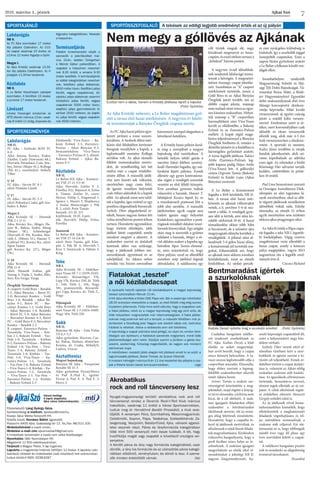Ajkai Szó2016. március 4., péntek
7
Labdarúgás
NB II.
FC Ajka – Szolnoki MÁV FC
0-0
Ajka: Jánosa, Kovács, Fodor,
Zámbó, Csehi (Sowunmi 68.),
Horváth, Petneházi, Czár, Stie-
ber, Sóron (Major 61.), Kollega
(Pál 41.), vezetőedző: Székely
Tibor
U 19
FC Ajka – Sárvár FC 0-1
edző: Domján László
U 17
FC Ajka – Sárvár FC 5-3
edző: Polonkai Csaba, gól: Sza-
bados 4, Bakó
Megye I.
Ajka Kristály SE – Herendi
PSK 2-1 (1-1)
Ajka: Kovács Ko., Móger, Ha-
user R., Bakos, Szabó, Mong
(Mayer 58.), Schönberger
(Horváth D. 90), Kardos, Hor-
váth L. (Ménes 53.), Hauser T.
(Gábriel 79.), Kovács Ká., edző:
Sipos Tamás
gól: Kovács Ká. (27.), Móger
(76.)
U 19
Ajka Kristály SE – Herendi
PSK 11-0
edző: Németh Zoltán, gól:
Vastag 4, Vajda 2, Szabó, Illés,
Suri, Kis-Varga, Varga
Öregfiúk Teremtorna
A csoport: Gold Boys – Rendek
2-2, Ajkai Bányász – Retró FC
3-0, Bercsényi Kontex – Gold
Boys 1-6, Rendek - Ajkai Bá-
nyász 0-1, Retró FC – Ber-
csényi Kontex 1-1, Gold Boys
- Ajkai Bányász 1-0, Rendeki
– Retró FC 5-0, Ajkai Bányász
– Bercsényi Kontex 4-3, Retró
FC – Gold Boys 0-3, Bercsényi
Kontex – Rendek 2-2
B csoport: Euronics-Pulzus –
Tarantula, Viva-Tours – Kór-
ház 2-1, Bakony Erőmű – Vas-
Fém 1-0, Tarantula – Kórház
0-2, Euronics-Pulzus – Bakony
Erőmű 1-0, Vas-Fém – Viva-
Tours 3-4, Bakony Erőmű –
Tarantula 2-0, Kórház – Vas-
Fém 3-0, Viva-Tours – Eu-
ronics-Pulzus 1-1, Tarantula
– Vas-Fém 1-0, Bakony Erőmű
– Viva-Tours 1-0, Kórház – Eu-
ronics-Pulzus 1-2, Tarantula
– Viva-Tours 1-3, Vas-Fém –
Euronics-Pulzus 1-2, Kórház
– Bakony Erőmű 2-3
Elődöntők: Viva-Tours – Ba-
kony Erőmű 2-3, Euronics-
Pulzus – Ajkai Bányász 0-3,
bronzmérkőzés: Viva-Tours
– Euronics-Pulzus 0-2, döntő:
Bakony Erőmű – Ajkai Bá-
nyász 0-3
Kézilabda
NB II.
Le Belier-KK Ajka – Komáro-
mi VSE 27-21 (13-8)
Ajka: Horváth, Zeitler V. 2,
Pavelka 3(1), Bajnóczi 4, Erőss
4, Tömör, Zeitler D., csere:
Heizer, Fülöp 5, Zsigmond 1,
Ignácz 1, Huszti 3, Majdanics
1, Szalay Meinczinger 1, Pék
B. 2, edző: Poór Tamás
hetesek: 3/1 ill. 3/3
kiállítások: 10 ill. 4 perc
jók: Horváth, Fülöp, Erőss,
Pavelka
Juniorok
Le Belier-KK Ajka – Komáro-
mi VSE 27-14 (14-9)
edző: Poór Tamás, gól: Kles-
pitz 3, Pék M. 6, Horváth 7,
Kiss 3, Szimicsek 4, Fábián 3,
Ring
Teke
NB I.
Ajka Kristály SE – Elekther-
max Vasas SE 7-1 (3359-3245)
Kristály: Rózsavölgyi 576,
Lipp 576, Kovács 530, dr. Tóth
Z. 540, Tóth L. 556, Nagy
581, pontszerzők: Rózsavöl-
gyi, Lipp, Kovács, dr. Tóth Z.,
Nagy
Ifjúságiak
Ajka Kristály SE – Elekther-
max Vasas SE 1-3 (1024-1049)
Nagy 504, Tóth 520
Sakk
NB II.
Bányász SK Ajka – Zala Volán
TE 6,5-5,5
Ajka: győzelem: Martini, Cse-
ke, Paksa, Halászi, döntetlen:
Kozma, dr. Csaba, Mihályfi,
Ludvai, Vincze
Asztalitenisz
Megyei bajnokság
Bányász SK Ajka – Veszprémi
Rendőr SE 15-3
Ajka: győzelem: Ficzay/Hercz
és Pad Á./Pad F., egyéni:
Ficzay 4, Pad Á. 4, Pad F. 3,
Hercz 2
SPORTÖSSZEFOGLALÓ A tekések az eddigi legjobb eredményt érték el az új pályánSPORTAJÁNLÓ
SPORTEREDMÉNYEK
Labdarúgás
NB II.
Az FC Ajka szombaton 17 órakor
lép pályára Csákváron. Az U15-
ös csapat vasárnap 10 órakor, az
U14-es 12 órakor fogadja a Győrt.
Megye I.
Az Ajka Kristály vasárnap 13.30-
kor lép pályára Csetényben. Az if-
júságiak 11.30-kor kezdenek.
Kézilabda
NB II.
A Le Belier Keszthelyen szerepel
szombaton. A felnőttek 15 órakor,
a juniorok 17 órakor kezdenek.
Lövészet
Lövész Farsangot rendeznek az
ATTE lőterén március 13-án, vasár-
nap 8 órától 11 óráig, kispuska és
légpuska kategóriákban. Nevezés
a helyszínen.
Természetjárás
Fiatalok túraversenyére várják a
szervezők a jelentkezőket már-
cius 15-én, kedden Csingerben
a Molnár Gábor parkerdőben. A
csapatok a helyszínen nevezhet-
nek 8.30 órától, a verseny 9.30
órakor kezdődik. A természetjárók
az alábbi kategóriákban nevezhet-
nek, felsőfokú pálya diákoknak,
6500 méter távon, felsőfokú pálya
felnőtt, vegyes csapatoknak, kö-
zépfokú pálya diákoknak valamint
középfokú pálya felnőtt, vegyes
csapatoknak 5000 méter távon,
alapfokú pálya gyermekeknek kí-
sérővel 2500 méteren, és alapfo-
kú pálya felnőtt, vegyes csapatok-
nak 4500 méteren.
Főszerkesztő: Láng György Géza.
Szerkesztőségi e-mailcím: ajkaiszo@invitel.hu.
Kiadja: Ajkai Média Nonprofit Kft.
Felelős kiadó: Kerekes Bálint ügyvezető.
Postacím: 8400 Ajka, Szabadság tér 12. Tel./fax: 88/521-100.
Hirdetésfelvétel a kiadó címén.
Hirdetési e-mail cím: ajkaimediakft@gmail.com.
A hirdetések tartalmáért a kiadó nem vállal felelősséget.
Nyomtatás: Oláh Nyomdaipari Kft.
Megjelenik 12 600 példányszámban.
Terjeszti a Magyar Posta. A lap ingyenes.
Lapzárta a megjelenés hetének hétfőjén 12 órakor. A lapzárta után
beérkező cikkeket és hirdetéseket csak következő heti számunkban
tudjuk közölni! ISSN: 0238-6267
Városi hetilap.
A lapot alapította
Ajka város önkormányzata.
Nem megy a góllövés az Ajkának
AzFCAjkahazaipályánigye-
kezett javítani a rossz szezon-
kezdésen. A Szolnok elleni mér-
kőzés első félidejében kevésszer
forogtak veszélyben a kapuk, a
legfontosabb esemény Kollega
sérülése volt. Az ajkai támadó
felületi izomszakadást szenve-
dett, de remélhetőleg két hét
múlva már a csapat rendelke-
zésére állhat. A második játék-
rész sem hozott sok változást,
mezőnyben nagy csata folyt,
de igazán veszélyes helyzetek
csak ritkán alakultak ki a kapuk
előtt. Az ajkaiak most sem talál-
tak a kapuba, igaz ezúttal ez egy
ponthoz elegendőnek bizonyult.
Székely Tibor elégedetlenül ér-
tékelt, hiszen nagyon fontos lett
volnamindhárompontotitthon
tartani. Hozzátette ugyanakkor,
hogy történt előrelépés, jobb
játékot látott csapatától, amely
mindent megtett a sikerért. A
szakember szerint az átalakult
keretnek időre van szüksége,
hogy a játékosok jobban ös�-
szeszokjanak egymással és az
edzőjükkel. Az Ajkára nehéz
sorsolás vár, hiszen sorozatban
háromszor szerepel idegenben a
következő hetekben.
A Kristály hazai pályán kezd-
te meg a szereplését a megyei
bajnokság első osztályában. A
hetedik helyen telelő gárda a
mezőny hátsó felében szerény-
kedő Herendet fogadta, így esé-
lyesként lépett pályára. Ennek
ellenére egy gyors kontratáma-
dás végén a vendégek szereztek
vezetést az első félidő közepén.
Erre azonban gyorsan tudtak
válaszolni a hazaiak, Hauser T.
labdájával Kovács lépett ki, és
a tizenhatosról pontosan lőtt a
jobb alsó sarokba. A második
játékrészben egyik csapat sem
tudott igazán nagy helyzetet
kialakítani, ugyanakkor a pont-
rúgások mindkét oldalon veszé-
lyesnekbizonyultak.Egyszöglet
után meg is szerezték a győztes
találatot a hazaiak, Móger a rö-
vid oldalon sodort a kapuba egy
beívelést. Sipos Tamás elmond-
ta, nem számítottak rá, hogy
ilyen pályán, ezzel az ellenféllel
szemben szép játékkal fognak
előrukkolni. A találkozóra egy
célt tűztek maguk elé, nagy
küzdéssel megnyerni az össze-
csapást, és ezzel otthon tartani a
„kötelező” három pontot.
A negyven évnél idősebbek-
nek rendeztek labdarúgó terem-
tornát a hétvégén. A megméret-
tetésre tizenegy csapat jelentke-
zett. Szombaton az ”A” csoport
mérkőzéseit tartották, innen a
Gold Boys és az Ajkai Bányász
Öregfiúk jutott tovább, ám az
előbbi csapat jelezte, másnap
nemtudnakrésztvenniazegye-
nes kieséses szakaszban. Helyet-
tük másnap a ”B” csoportban
harmadikként záró Viva-Tours
került az elődöntőbe, a Bakony
Erőmű és az Euronics-Pulzus
mellett. A kupát végül maga-
biztos teljesítménnyel a Bányász
Öregfiúk hódította el, miután a
döntőbejutásértésafinálébanis
háromgólos győzelmet aratott.
A torna legjobb játékosa Takács
Attila (Euronics-Pulzus), leg-
jobb kapusa pedig Hájas Attila
(Viva-Tours) lett. A gólkirályi
címen Orgován Tamás (Bakony
Erőmű) és Kádár Lajos (Ajkai
Bányász) osztozott.
A Le Belier a Komáromot
fogadta a férfi kézilabda NB II-
ben. A tavasz első hazai mér-
kőzésén az ajkaiak villámrajtot
vettek, a 6. percben 5-0-át mu-
tatott a tábla. A vendégek gyor-
san időt is kértek, ami után kö-
zelebb zárkóztak (9-6). A hazai
támadásokba ekkor több hiba
is becsúszott, de a szünetre újra
megnyugtató előnybe kerültek a
vendéglátók. A pihenő után ál-
landósult 5-6 gólos hazai előny,
a komáromiak jól tartották ma-
gukat, kihasználták azt, hogy
az ajkaiak nem akkora iramban
kézilabdáztak, mint az elmúlt
fordulóban. Az utolsó percek-
re már nyolcgólos különbség is
kialakult, így a szurkolók joggal
ünnepelték csapatukat. Ezen a
napon biztos győzelmet aratott
a Le Belier a lelkesen küzdő ven-
dégek ellen.
Szombathelyen rendezték
Magyarország Felnőtt és Ifjú-
sági Téli Dobó Bajnokságát. Vá-
rosunkat Boros Máté, a Bódé-
ért Hagyományőrző Egyesület
dobó szakosztályának első éves
ifjúsági korcsoportú diszkosz-
vetője képviselte. Máté kiváló
versenyzéssel, új egyéni csúcsig
jutott a másfél kilós verseny-
szerrel. Eredménye azért is ér-
tékes, mert korosztályában csak
idősebb és olyan versenyzők
előzték meg, akik már 4-5 éve
űzik versenyszerűen a diszkosz-
vetést. A sportoló és mestere,
Kulics János továbbra is várják
fiatalok jelentkezését, akik szí-
vesen kipróbálnák az atlétika
ezen ágát. Az edzéseket a bódéi
Közösségi Ház udvarán tartják
kedden, csütörtökön és pénte-
ken 16 órától.
Pad Lina bronzérmet szerzett
az Országos Asztalitenisz Diák-
olimpián az alsó tagozatos lá-
nyok mezőnyében, ahol az előt-
te végzett játékosok mindketten
idősebbek voltak nála. Edzője
elmondta, az elmúlt 15 évben
egyik mezőnyben sem született
ekkora ajkai pingpongos siker.
AzAjkaKristályaPápacsapa-
tát fogadta a teke NB I. legutób-
bi fordulójában. Végig vezetve
magabiztosan verte ellenfelét a
hazai csapat, amely a lemezes
pálya megépülése, vagyis 2013
augusztusa óta a legjobb ered-
ményét érte el.
Csicsics Richárd
Az Ajka Kristály nehezen, a Le Belier magabiztosan győ-
zött a tavasz első hazai mérkőzésén. A negyven év feletti-
ek teremtornáját a Bányász Öregfiúk csapata nyerte.
Ezúttal nem a labda, hanem a Kristály játékosa repült a kapuba
(Fotó: Györkös)
Családias hangulatú találko-
zót rendezett szurkolóinak az
FC Ajka. Kaibás Dezső, a klub
elnöke az ankét megnyitójá-
ban arról beszélt, hogy a csapat
nincs könnyű helyzetben. A ta-
vaszi szezon legfontosabb célja a
csoportban maradás. Elmondta,
hogy ehhez szerinte a legmeg-
felelőbb szakembereket sikerült
ismét Ajkára hozni.
Artner Tamás a szokott sze-
rénységével köszöntötte a meg-
jelenteket, majd rögtön a lényeg-
re térve elmondta: a kihívás nem
kicsi, de a cél elérhető. A szak-
mai igazgatói feladatokat ellátó
szakember a körülményeket
ideálisnak nevezte, sőt az orszá-
gos átlag felettinek minősítette.
Hozzátette, hogy a csapatba ér-
kező új játékosok motiváltak, és
alkalmasak a rájuk bízott felada-
tok magvalósítására. Kérdésekre
válaszolva hangsúlyozta, hogy a
profi fociban nincs helye az ér-
zelmeknek. A szakmai igazgató
megerősítette az elnök által el-
mondottakat: a jelenlegi NB II.
nagyon kiegyensúlyozott, ha-
sonló képességű csapatokból áll,
ezért a helyezésekért nagy küz-
delem várható.
Székely Tibor vezető edző el-
sősorban türelmet kért a szur-
kolóktól, és ígérete szerint a ki-
tűzött cél teljesíthető. Ennek ér-
dekében történt a csapat átalakí-
tása is, valamint az Ajkán eddig
szokatlan szakmai stáb kialakí-
tása. Az igazolások célirányosan
történtek, hosszútávra tervező,
elszánt tagok alkotják az új csa-
patot. A célok elérésének segíté-
se érdekében érkezett Haraszti
Gergely erőnléti edző is.
Az új játékosok rövid bemu-
tatkozásaikban kiemelték, hogy
elkötelezettek a meghatározott
feladatok végrehajtására és tel-
jes mértékben azonosulnak a
szakmai stáb céljaival. Ezt alá-
támasztja az is, hogy többségük
másfél éves vagy fél plusz egy
éves szerződést kötött a csapat-
tal.
A találkozó hangulata pozitív
volt és mindenki az elégedettség
érzésével távozhatott.
(Szamba)
Bentmaradást ígértek
a szurkolóknak
Kaibás Dezső nyitotta meg a szurkolói ankétot (Fotó: Györkös)
Fiatalokat „tesztel”
a női kézilabdacsapat
A nyolcadik helyről rajtoltak női kézilabdásaink a megyei bajnokság
tavaszi szezonjában február 21-én.
A KK Ajka ellenfele a Kilián DSE Pápa volt. Bár a vasárnapi mérkőzést
28:35 arányban elvesztette a csapat, az első félidőt még elég szoros
küzdelem jellemezte. Fülöp Imre edző elárulta, hogy a csapatban sok
a fiatal játékos, nekik ez a megyei bajnokság még egy picit erős, de
több helyzetben megmutatták már rátermettségüket. A fiatal játéko-
soknak még szokniuk kell ezt a tempót, a második félidőben már je-
lentkeztek a fáradtság jelei. Nagyon sok eladott labda volt, technikai
hibákat is vétettek, illetve a védekezés sem volt tökéletes.
A bajnokság a csapat számára teszt-jellegű, ez olyan év, amikor lehe-
tőségük van építkezni, a fiatalokat szeretnék megtartani, minél több
játéklehetőséget adni nekik. Edzőjük szerint a jövőben a gárda ös�-
szeérik, szellemileg, fizikailag megerősödik, és nagyon sok mindent
elérhetnek majd.
A mérkőzésen mutatott játék alapján két játékost emelt ki az edző: a
legrutinosabb játékost, Bobai Tímeát, és Sulyok Viktóriát.
A mostani hétvégén március 6-án 11 órai kezdettel lép pályára a csa-
pat a Fekete István iskola tornacsarnokában. zsge
Akrobatikus
rock and roll táncverseny lesz
Nyugat-magyarországi területi akrobatikus rock and roll
táncversenyt rendez a Dinamik Rock’n’Roll Klub március
hatodikán, vasárnap 11 órától a Városi Sportcsarnokban,
tudtuk meg dr. Horváthné Baráth Piroskától, a klub veze-
tőjétől. A versenyen Pécs, Szombathely, Mosonmagyaróvár,
Celldömölk, Sopron, Pápa, Tatabánya, Székesfehérvár, Za-
laegerszeg, Veszprém, Balatonfüred, Ajka, városok egyesü-
letei vesznek részt. Páros és lányformációs kategóriában
több mint 500 versenyző méri össze tudását. A tét, hogy
kvalifikálja magát vagy csapatát a következő országos ver-
senyekre.
A felnőtt páros és lány nagy formációs kategóriákból, csak
döntők, a lány kis formációs és az utánpótlás páros kategó-
riákban elődöntő, reményfutam, és döntő is lesz. A szerve-
zők minden érdeklődőt várnak. (ta)
 