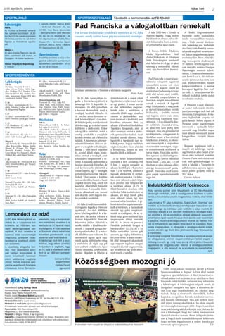 Ajkai Szó2016. április 8., péntek
7
Labdarúgás
NB II.
FC Ajka – Kisvárda 0-1 (0-1)
Ajka: Gőcze, Fodor, Csehi, Jago-
dics (Kollega 75.), Zámbó, Czár,
Melczer (Sóron 46.), Stieber, Hor-
váth, Sowunmi, Major (Pál 46.),
vezetőedző: Székely Tibor
U 19
FC Ajka – Andráshida LSC 3-1
edző: Polonkai Csaba, gól: Néme-
th, Mogyorósi, Bogdán
U 17
FC Ajka – Andráshida LSC 1-4
edző: Polonkai Csaba, gól: Czepek
U 15
ZTE Akadémia – FC Ajka 7-0
edző: Svecz Edvárd
U 14
ZTE Akadémia – FC Ajka 11-1
edző: Zsidó András, gól: Berzsenyi
Megye I.
Ajka Kristály SE – Devecser SE 0-0
Ajka: Kovács Ko., Bakos, Szabó,
Hauser R. (Üveges 75.), Móger,
Horváth, Kardos, Kovács Ká.,
Krén (Mong 55.), Hauser T., Mayer
(Székely 86.), edző: Sipos Tamás
U 19
Ajka Kristály SE – Devecser SE 4-4
edző: Németh Zoltán, gól: Varga 2,
Vajda, Kozma
U 16
Balatonfüredi USC – Ajka Kristály
SE 11-0
edző: Kocsis Attila
Herendi Porcelán SK – SK Ajka-
Padragkút SE 12-2
edző: Karika Rudolf, gól: Preinin-
ger 2
U 14
Devecser SE – SK Ajka-Padragkút
SE 3-5
edző: Karika Rudolf, gól: Szabó 3,
Izsó, Rácz
FC Ajka – Szentantalfa SE 2-0
edző: Polonkai Csaba, gól: Vincze,
Rédling
Ajka Kristály SE – Ugod SE 4-0
edző: Kocsis Attila, gól: Pápai,
Brandstatter, Erdősi, Illés
Megyei bajnokság, nők
Devecser SE – NLC Ajka 3-3
Ajka: Hidi, Tóth, Gyenese, Han-
nig, Tölgyesi, Bódi, Földi, Somo-
gyi, Belovics, csere: Lajtos, Laczkó,
Fekete, edző: Gyenese Csaba
gól: Földi 2, Tölgyesi
Kézilabda
NB II.
Balatonfüredi KSE II. – Le Belier-
KK Ajka 25-30 (15-17)
Ajka: Körli, Zeitler D. 1, Tömör 2,
Bajnóczi 6(1), Erőss 7, Pavelka 4,
Majdanics, csere: Horváth, Heizer,
Fülöp 3, Zsigmond 2, Ignácz 3, Pék
2, Klespitz, edző: Poór Tamás
hetesek: 2/1 ill. 3/1
kiállítások 4 ill. 4 perc
jók: Bajnóczi, Erőss, Pavelka, Ig-
nácz
Teke
Ajka Kristály SE – Soproni Sörgu-
rítók SE 5-3 (3176-3124)
Kristály: Rózsavölgyi 563, Lipp
526, Kovács 501, dr. Tóth Z. 514,
Tóth L. 509, Nagy 563, pontszer-
zők: Rózsavölgyi, Kovács, Nagy
ifjúságiak
Ajka Kristály SE – Soproni Sörgu-
rítók SE 0-4 (993-1033)
Nagy 491, Tóth 502
Sakk
NB II.
Bányász SK Ajka – Tapolca-Köl-
csey 8-4
Ajka: győzelem: Kislik, Kozma,
dr. Csaba, Margl, Halászi, dön-
tetlen: Martini, Paksa, Kauf-
mann, Mihályfi, László, Ludvai
SPORTÖSSZEFOGLALÓ Távolodik a bennmaradás az FC AjkátólSPORTAJÁNLÓ
SPORTEREDMÉNYEK
Labdarúgás
NB II.
Az FC Ajka a Soroksár otthoná-
ban szerepel szombaton 16.30-
kor. Az U15-ös csapat szombaton
10 órakor, az U14-es 12 órakor
fogadja az Andráshida együtte-
sét.
Megye I.
Az Ajka Kristály Tapolcán lép pá-
lyára szombaton 16 órakor. Az
ifjúságiak 14 órakor kezdenek.
Városi Kispályás Bajnokság
1. forduló
I. osztály (hétfő): Balhus Bútor
– Delta-Cat (Rendeki Ált. Isk.
17.00), Viva Tours Ajkarendek
– Bercsényi Retro Café (Rendeki
Ált. Isk. 18.15), Gépállat SC – Jo-
ker (Sportcentrum 17.00), Teka-
Szuperinfó – Unimontex (Sport-
centrum 18.15), Roma – Bakony
FC (Sportcentrum 18.15)
Sportmúzeum
A kiállítás továbbra is várja a láto-
gatókat a Bányász sportcentrum
épületében, szerdánként 10-12
és 16-18 óra között.
Főszerkesztő: Láng György Géza.
Szerkesztőségi e-mailcím: ajkaiszo@invitel.hu.
Kiadja: Ajkai Média Nonprofit Kft.
Felelős kiadó: Kerekes Bálint ügyvezető.
Postacím: 8400 Ajka, Szabadság tér 12. Tel./fax: 88/521-100.
Hirdetésfelvétel a kiadó címén.
Hirdetési e-mail cím: ajkaimediakft@gmail.com.
A hirdetések tartalmáért a kiadó nem vállal felelősséget.
Nyomtatás: Oláh Nyomdaipari Kft.
Megjelenik 12 600 példányszámban.
Terjeszti a Magyar Posta. A lap ingyenes.
Lapzárta a megjelenés hetének hétfőjén 12 órakor. A lapzárta után
beérkező cikkeket és hirdetéseket csak következő heti számunkban
tudjuk közölni! ISSN: 0238-6267
Városi hetilap.
A lapot alapította
Ajka város önkormányzata.
Pad Franciska a válogatottban remekelt
Közösségben mozogni jó
Hat tavaszi forduló után továbbra is nyeretlen az FC Ajka
csapata, amely ezúttal hazai pályán szenvedett vereséget.
Az FC Ajka hazai pályán fo-
gadta a Kisvárda együttesét a
labdarúgó NB II. legutóbbi já-
téknapján. Az első percekben
a hazaiak domináltak, majd a
vendégek kerültek fölénybe. A
18. percben aztán Sowunmi re-
mek labdával lépett ki, az ellen-
fél hálóőre pedig szabálytalanul
állítottameg,ígyavárdaikapust
kiállította a játékvezető. Ekkor
sokáig állt a mérkőzés, mivel a
vendég szurkolók a partjelzőt
kezdték dobálni, sőt a lábán el is
találták. A húszperces kényszer-
szünetet követően Melczer vé-
gezte el a megítélt szabadrúgást,
labdája a felső lécről vágódott
ki. Az első félidő végén bünte-
tőhöz jutottak a vendégek, amit
kihasználva megszerezték a ve-
zetést.Amásodikjátékrészbena
hazaiak játszottak fölényben, de
csak kevés veszélyt jelentettek a
várdai kapura, így a vendégek
győzelemmel távoztak Ajkáról.
Székely Tibor szerint a kiállítás
nem az ellenfelet, hanem a hazai
csapatot zavarta meg, amely ezt
követően elkerülhető büntetőt
hozott össze. A második félidő-
ben az ajkaiaknak már semmi
sem sikerült, ezért nagyon fon-
tos pontokat veszítettek.
Az Ajka Kristály szomszédvá-
ri rangadón fogadta a Devecser
együttesét. Az első félidőben
kevés lehetőség alakult ki a ka-
puk előtt, de azokat jobbára a
hazaiak dolgozták ki. Nem sok
folyamatos játékot láthattak a
nézők, inkább a küzdelem do-
minált, a csapatok pedig a biz-
tonságra törekedtek. Ez a máso-
dik félidőben sem változott, kis
szerencsével ugyan egyik vagy
másik gárda eldönthette volna
a mérkőzést, de végül egy gól
sem született a találkozón. Sipos
Tamás elmondta, a helyezések
alapján elégedett is lehetne a
döntetlennel, de a csapat céljait
figyelembe véve kevésnek tartja
az egy pontot. A tréner szerint
az első játékrészben megnyer-
hették volna a mérkőzést, a
második félidő nagy részében
viszont a játékosokban már
nem érezte azt a lendületet, ami
korábban jellemezte őket. Az
ajkaiak a következő fordulóban
Tapolcára látogatnak, ahol az
edző reményei szerint a játéko-
sok sportszerűen tudnak majd
küzdeni annak ellenére, hogy
legutóbb a tapolcaiak úgy ra-
boltak pontot, hogy a mérkőzés
végén nem adták vissza a labdát
a Kristálynak, hanem az üres
kapuba lőtték a játékszert.
A Le Belier Balatonfüreden
szerepelt a férfi kézilabda NB
II-ben. A megyei rangadót az
ajkaiak kezdték jól, a 9. percben
már 7-2-re vezettek, amikor a
hazaiak időt kértek, és próbál-
ták rendezni soraikat. Ezt köve-
tően sem változott a játék képe,
a 21. percben már hétgólos lett
a vendégek előnye (8-15). A
félidő hátralévő részében több
technikai hibát is elkövettek az
ajkaiak, sőt négy füredi gólra
nem érkezett válasz, így újra
szorossá vált a küzdelem. A pi-
henőt követően izgalmasan ala-
kult a mérkőzés, a hazaiaknak
sikerült egy gólra megközelí-
teniük a vendégeket, de az aj-
kaiak négy gyors találattal újra
megnyugtató előnyt szereztek
(19-24). Az utolsó tíz percre a
fürediek próbáltak faragni a
hátrányukból (22-25), de a Le
Belier sorozatban három gólt
szerzett, így végleg eldöntötte a
két pont sorsát. A lelkes szurko-
lói által támogatott ajkaiaknak
egy roppant izgalmas megyei
rangadót sikerült megnyerniük,
így továbbra is egy pont előn�-
nyel vezetik a tabellát.
A teke NB I-ben a Kristály a
Sopront fogadta. Végig szoros
küzdelemben a hazai pálya elő-
nyét kihasználva hozta a kötele-
ző győzelmet az ajkai csapat.
A Borsos Miklós Általános
Iskola képviseletében Gaál
Zsóka Miskolcon, az Országos
Sakk Diákolimpián veretlenül
első helyezést ért el, így az ajkai
tehetség a nemzetközi sikerek
után újra hazánkban bizonyí-
tott.
Pad Franciska a magyar asz-
talitenisz válogatott tagjaként
nemzetközi tornán vett részt
Linzben. A magyar csapat az
elsőkörbenCsehországésSvájc
előtt első helyen jutott tovább.
A második csoportkörben a
horvátok mögött másodikként
zártak a mieink. A legjobb
négy közé jutásért a magyarok
a vártnál könnyebben verték
Hollandiát, a fináléba viszont
egy nagyon szoros csata után,
Németország kiejtésével veze-
tett az út. 2-2-es állásnál a dön-
tő mérkőzést Franciska vívta,
az ajkai lány keze pedig nem
remegett meg, és győzelmével
továbbjuttatta a válogatottat. A
fináléban ismét a horvátokkal
találkoztak a mieink, és sikere-
sen visszavágtak a csoportban
elszenvedett vereségért, vagy-
is aranyéremnek örülhettek a
torna végén. Franciska egyéni-
ben egészen az elődöntőig me-
netelt, ott egy horvát ellenféllel
hozta össze a sors, aki 2-0-ról
fordított az ajkai tehetség ellen,
aki így bronzéremmel gazda-
godott. Franciska ezzel a ma-
gyar csapat legeredményesebb
tagja lett.
A Bódéi Hagyományőrző
Egyesület dobó szakosztálya
ideális versenyidőben rendezte
meg a bódéi szenior diszkosz-
vető bajnokság első fordulóját,
ahol bárki indulhatott a korosz-
tályának megfelelő versenyszer-
rel. Sokan megjavították egyéni
eredményüket. Boros Máté ifjú-
sági korcsoportú diszkoszvető
33 méterre növelte egyéni csú-
csát, ami jobb, mint az Országos
Bajnokságon mutatott teljesít-
ménye.Aversenyenbemutatko-
zott Boros Luca is, aki első ver-
senyén ígéretesen tejesített, nem
csak diszkoszvetésben, hanem
kalapácsvetésben is. A szenior
korcsoport legjobbja Poór And-
rás volt. A versenysorozat kö-
vetkező fordulóját április utolsó
szombatján rendezik.
A Dinamik Candy elnevezé-
sű junior kisformáció döntőbe
jutott az országos rock and roll
versenyen, Gyöngyösön. A me-
zőny legfiatalabb csapata vé-
gül a hetedik helyen végzett. A
Paradise junior nagyformáció
versenyzői a nyolcadik helyet
szerezték meg. Mindkét csapat
most először versenyzett junior
kategóriában. Edzőjük Matán
Szilvia.
Roppant izgalmassá vált a
megyei női labdarúgó bajnok-
ság, hiszen az ajkai csapat a De-
vecser ellen hullajtott pontokat.
Gyenese Csaba tanítványai már
csak jobb gólkülönbséggel ve-
zetik a tabellát, a Veszprém és
a Bakonynána ugyanis ugyan-
annyi pontot gyűjtött, mint az
NLC-Ajka.
Csicsics Richárd
Szívósan védekeztek a fürediek a kézilabda rangadón
(Fotó: Futó)
Indulatoktól fűtött focimeccs
Húsz perces szünet után folytatódott az FC Ajka-Kisvárda
labdarúgó mérkőzés, ahol a vendégszektor kiürítése is szóba
került, a kisvárdai szurkolók magatartása miatt az első félidő-
ben.
Lapunknak a TV Ajka tudósítója, Szabó Zsolt „Szamba” szá-
molt be az incidensről, amely a vendégcsapat kapusának sza-
bálytalansága és kiállítása után tetőzött a pálya mellett. El-
mondása alapján a 19. percben Ribánszki (a vendégek kapu-
sa) elütötte a 16-os vonalnál az ajkaiak játékosát Sowunmit,
amiért piros lapot kapott. A kapus rövid ápolás után lesántikált
a pályáról, viszont a vendégszurkolók vitatták az ítéletet. Forr-
tak az indulatok és egy idegen tárgy repült be a pályára. Ras�-
szista megjegyzések is elhagyták a vendégszurkolók száját,
ezután döntött úgy Botló Béla játékvezető, hogy félbeszakítja
a mérkőzést.
A biztonsági szolgálat felszólította a vendégszurkolókat a szek-
tor elhagyására, aminek csupán néhányan tettek eleget. A
többség maradt, így még húsz percig állt a játék. Hosszabb
egyeztetés és tárgyalás után sikerült a vendégszurkolókkal
megegyezni, a vita lecsitult és a szurkolók is maradhattak.
 SzR.
Az FC Ajka labdarúgóklub ve-
zetése és a tulajdonosi kör
értékelte az NBII-ben sze-
replő labdarúgócsapat sze-
replését. A klub vezetése a
szakmai stáb beszámolóját
megvitatta, amelynek követ-
keztében a következő dönté-
sek születtek:
A vezetőség elfogadta Szé-
kely Tibor vezetőedző azon-
nali hatályú lemondását. A
soron következő Soroksár
elleni találkozóra megbízta
Artner Tamás szakmai igaz-
gatót a vezetőedzői feladatok
ellátásával. Artner Tamás be-
jelentette, hogy a Soroksár el-
leni mérkőzést követően ő is
leköszön az FC Ajkánál viselt
tisztségeiről. A klub vezetése
a Soroksár elleni mérkőzést
követően gondoskodik az új
szakmai stáb felállításáról.
A labdarúgó klub kéri a szur-
kolókat, hogy ebben a nehéz
helyzetben is segítsék, hogy
az FC Ajka a következő idény-
ben is az NBII-ben szerepel-
hessen.
Schwartz Béla
polgármester
Kaibás Dezső
ügyvezető Több, mint százan tornáztak együtt a Városi
Sportcsarnokban a Bognár Adrien által tartott
ingyenes sportdélutánon. A duci torna résztve-
vőinek akkor volt az órája, és az edző kérte őket,
hívjanak érdeklődőket, valamint meg is hirdette
a lehetőséget. A közösségben végzett zenés, jó
hangulatú mozgásra van igény a városban, de-
rült ki a nagy érdeklődésből. Az edzőtől meg-
tudtuk, hogy a résztvevők elmondták, kedvet
kaptak a mozgáshoz. Kérték, máskor is szervez-
zen hasonló lehetőséget. Van, aki otthon egye-
dül végez tornagyakorlatokat, ha ideje engedi,
de közösségben mozogni jobb. A sport, a vidám
zene, a közösség a léleknek is jót tesz. Adrien ke-
resi a lehetőséget, hogy hol tudna rendszeresen
ilyen alkalmakat tartani. Ezért is fogadta öröm-
mel a Nagy László szabadidőközpont felkérését,
hogy tartson foglalkozást a május hatodikára
tervezett egészségnapon. T.A.A városban nem csupán az élsport, a szabadidősport is népszerű
Lemondott az edző
 
